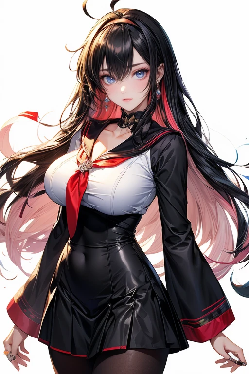 Generates a white girl with white eyes and hair on the left side and black eyes and hair on the right side in the style of Kimetsu no Yaiba., Her hair reaches her heels, with dark blue full-covered male demon slayer uniform, chest covered in bandages, two nichirin katanas on his back