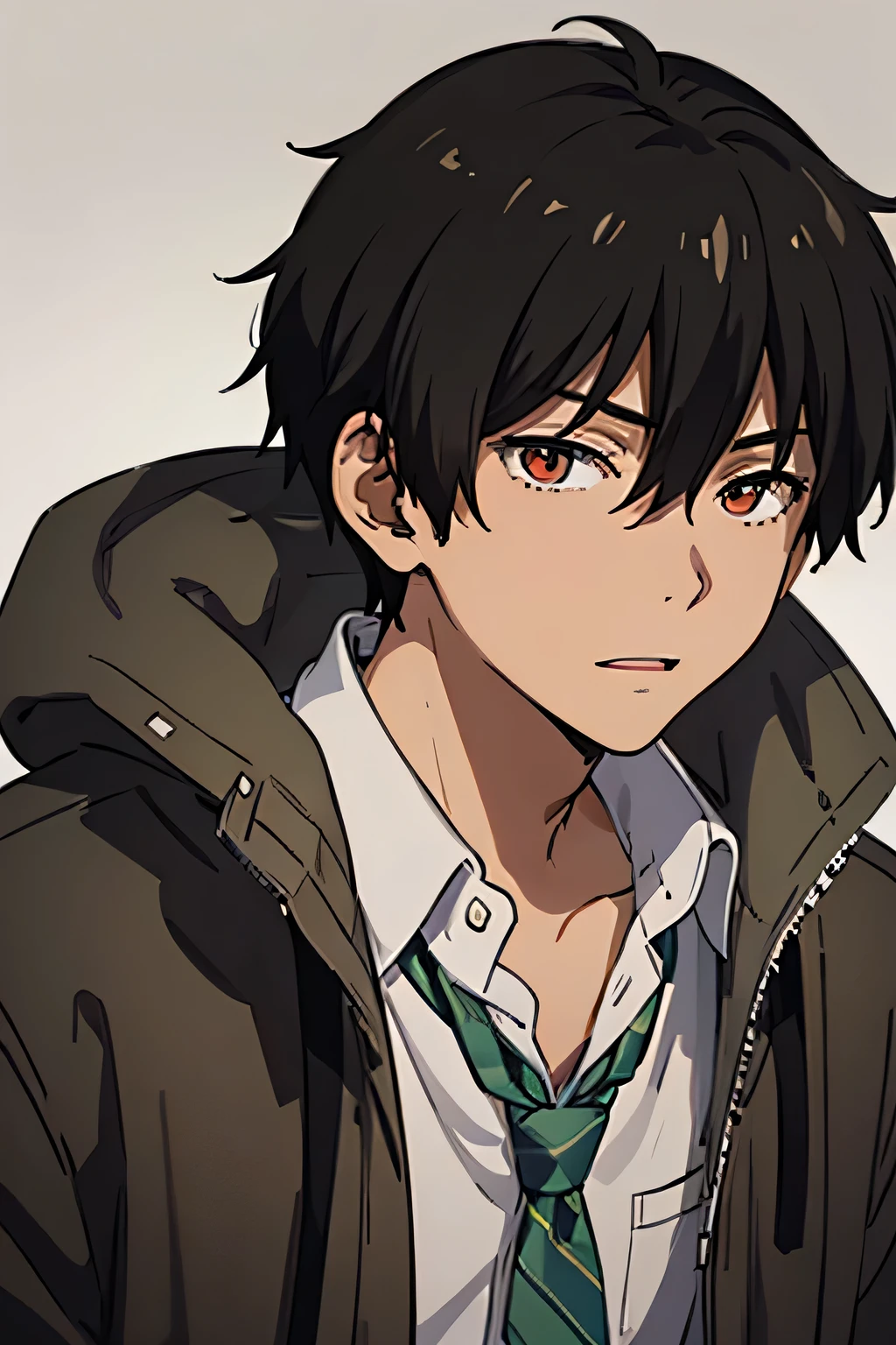 22 years old man, indonesian, slightly plump body, black hair, red eyes, wearing a casual men's shirt, wearing a slightly messy green striped tie, wearing a brown parka jacket, calm, cold, genius, analytical, sharp, silly, cheerful, likes to joke, Sharp eyes full of pressure, close up, Hd, facing forward, half body