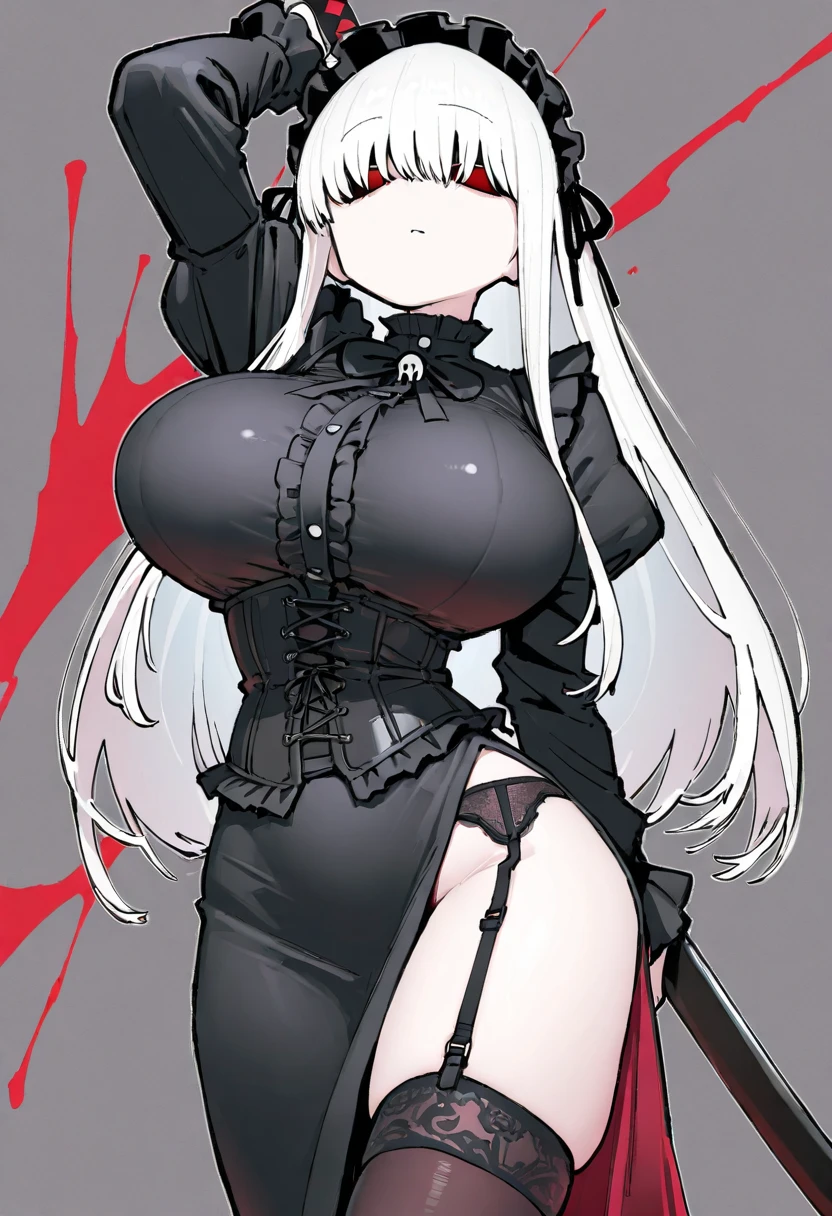 simple background, monochrome, horror (theme) there is a broken picture, black paint splatted, red blood splatted, smoked, red blood (((anime girl character))), big boobies, wearing a mask, (((she is holding a bloody samurai sword))), messy bob hair style