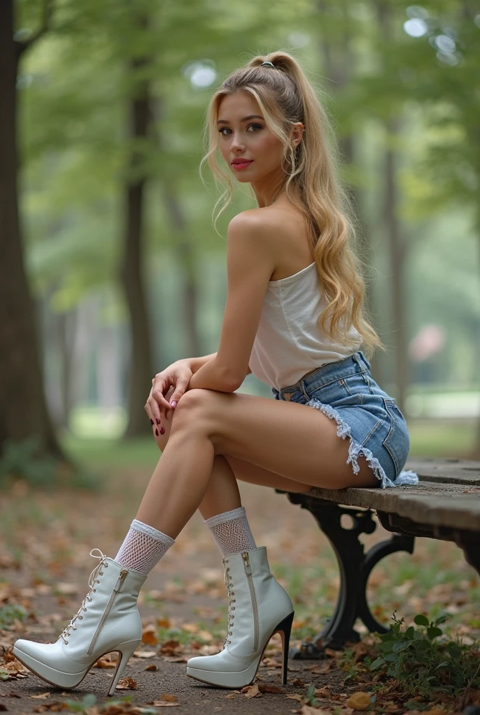 NSFW, front angle, (8k, best quality, masterpiece:1.2), (realistic, photo-realistic:1.37), ultra-detailed, 1 girl, looking at viewer, beautiful detailed sky, detailed cafe street, sitting, full body, small head, intricate choker, (pretty legs:1.2), (long legs:1.2), slim legs, (high heels:1.3), (bare legs:1.4), medium breasts, high-waist, narrow waist, off-shoulder, belt, short bottoms, beautiful detailed eyes, daytime, warm tone, white lace, (long hair:1.4), silver medium hair, white skin, cinematic light, street light,