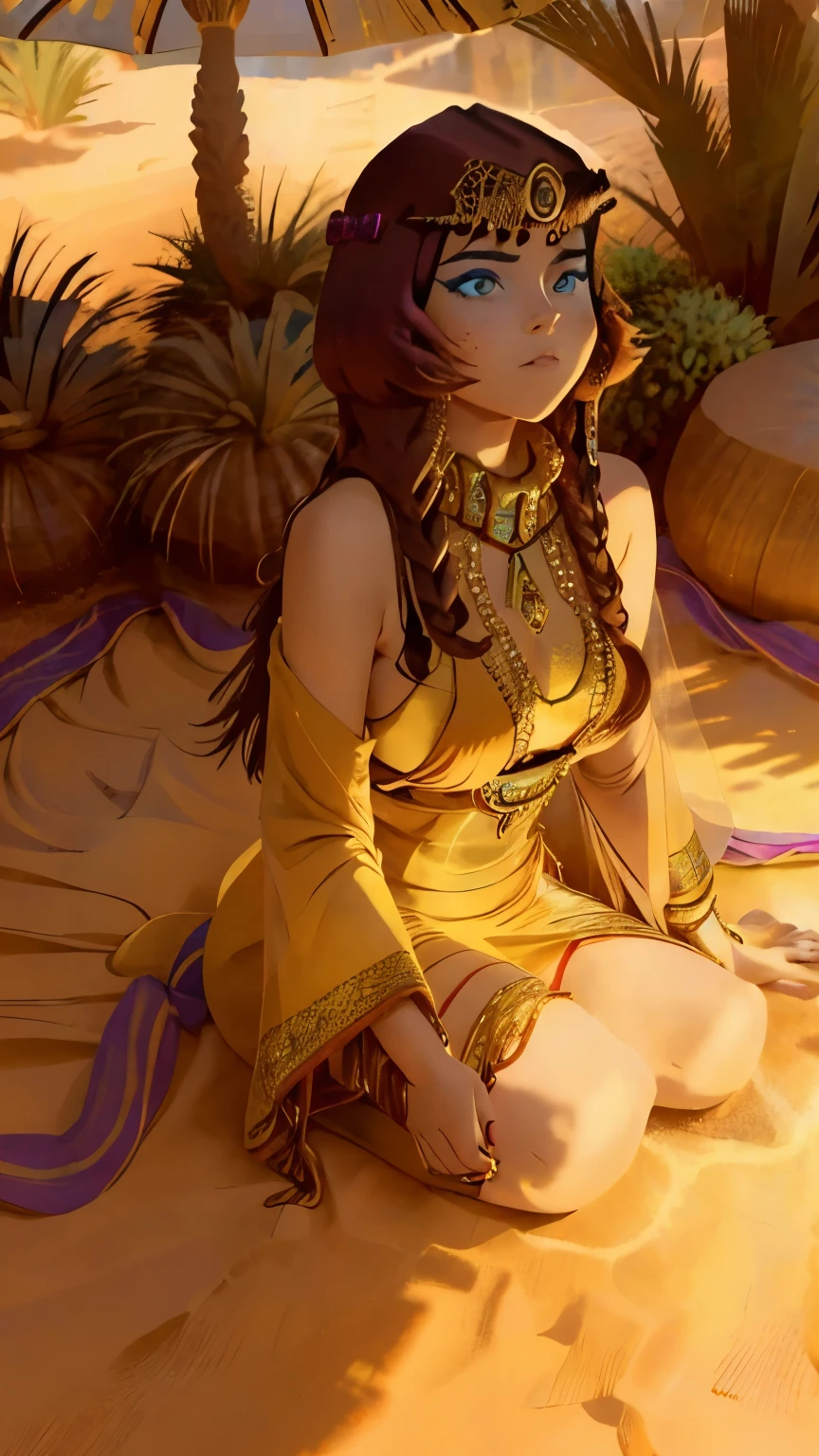 photo of alluring Hathor beautiful woman sparkling splashing rainbows, ((bright eyes)), super long braids, (laying in Moroccan oasis), palms, dunes, oasis, glistening, exotic jewelry, riad, dripping, iridescent, long kaftan abaya (masterpiece) (best quality) (detailed) (8k) (HDR) (wallpaper) (cinematic lighting) (sharp focus) (intricate)