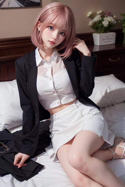 (RAW photo, best quality), (realistic, photo-realistic:1.3), masterpiece, an extremely delicate and beautiful, extremely detailed, CG, unity , 2k wallpaper, Amazing, finely detail, light smile, extremely detailed CG unity 8k wallpaper, huge filesize, ultra-detailed, highres, absurdres, soft light, (((medium hair:1.3), short bang, pink hair, floating hair novafrogstyle)), beautiful detailed girl, detailed fingers, extremely detailed eyes and face, beautiful detailed nose, beautiful detailed eyes, long eyelashes, light on face, looking at viewer, (closed mouth:1.2), 1girl, cute, young, mature face, (full body:1.3), ((small breasts)), realistic face, realistic body, beautiful detailed thigh, (ulzzang-6500-v1.1:0.8), business suit, cross-laced clothes, collared shirt, open clothes, in office, detailed office, open cardigan, black thighhighs, miniskirt, black underwear, unbuttoned shirt,