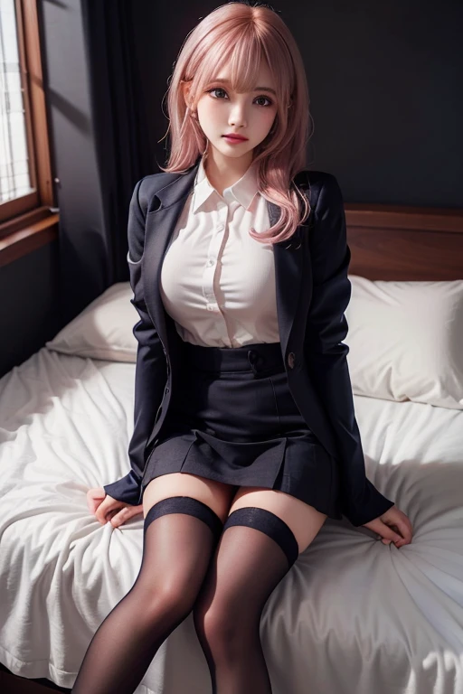 professional women photo, masterpiece, big, 1girl, shiny skin, flirting, from above, (bangs), (sweaty: 1.3), blur background, photo of a woman 20 years old, white panties, (white lace panties), panty shot,skirt, (pink hair), knee-high, white shirt, loafers, realistic, lips, Brown eyes, Tie, Dark blue pleated skirt, Sideways, Brown footwear, Top quality, Ultra detail, School classroom, Angle from below, Glossy skin, Shiny skin, Sweaty on thighs, Long eyes, Mature beautiful face, Seductive eyes, Lifting thighs, Backlit, Navy blue blazer uniform with patches, bent at the waist, M legs,(blush),(((dress lift, white Panties and stockings are visible)))