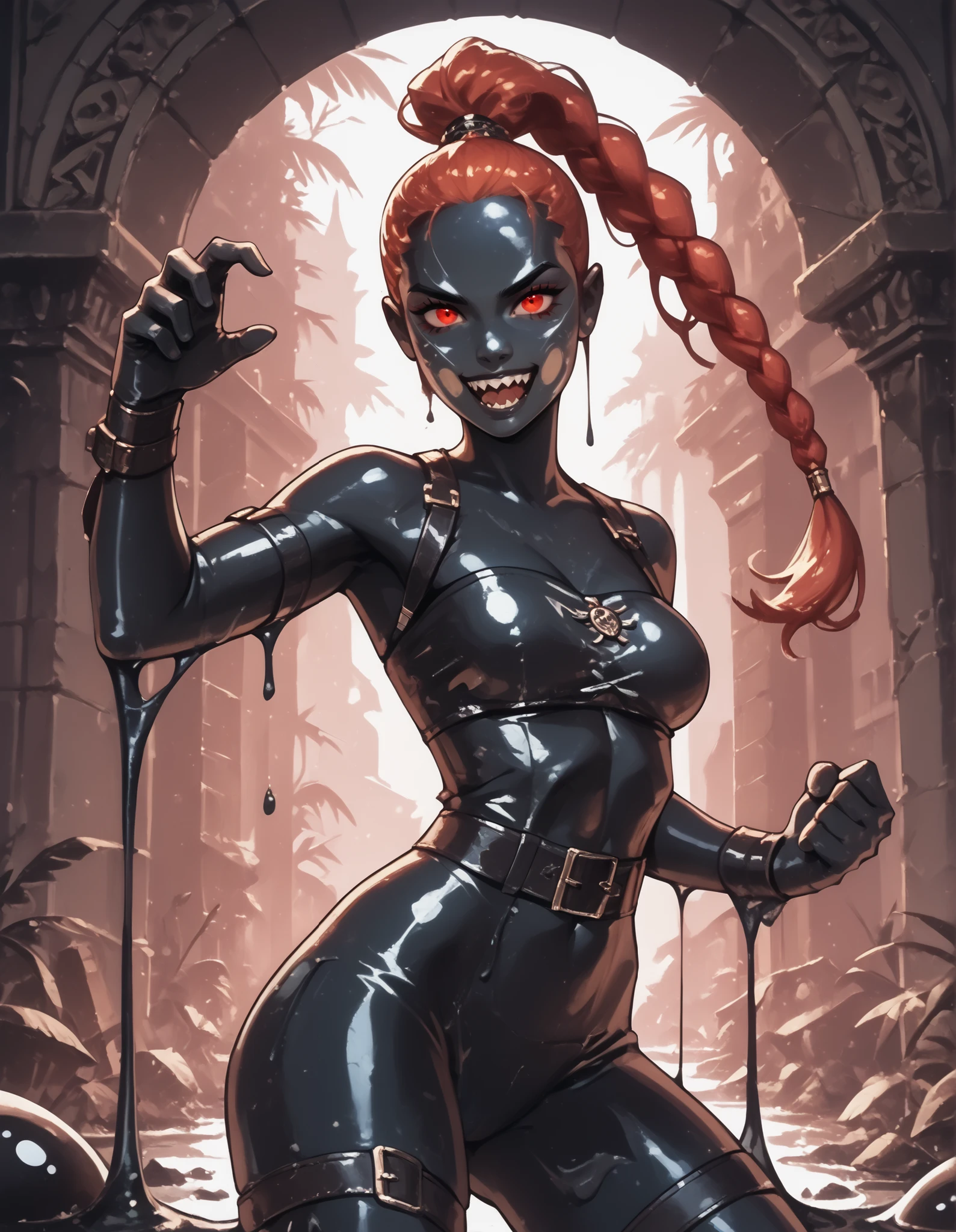 Slender female black slime-body. She has black slime-skin. Cute 18-year-old black aztec slimegirl assassin with big Asian red eyes and unnaturally sharp teeth. Black slime drips from her body. Sharp and pointy teeth. She has a cute and beautiful face. She has a round and young face with a pointy chin. Her black latex slime-body is athletic with abs. Dripping black slime. She wears an intricate assassin slime catsuit with hood. Background: medieval jungle ruins. Realistic lighting. DnD art-style. fake box art, semi-realistic, Looking at the viewer. ,masterpiece,best quality,amazing quality,cartoon,masterpiece, best quality, amazing quality, very aesthetic, absurdres, newest, (volumetric lighting, scenery), she wears short leather hotpants and a short leather bandeau.