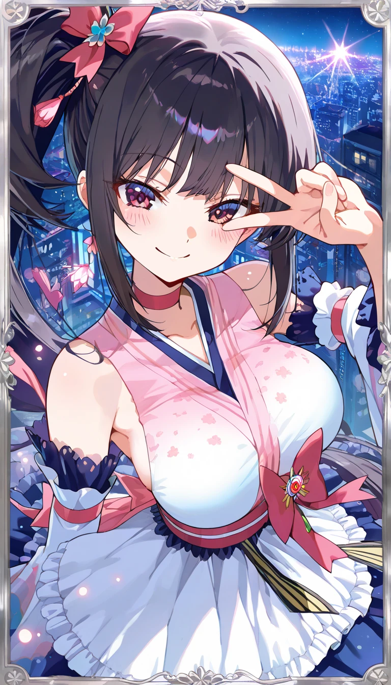 (beautiful girl : 1.3),1 girl,(Magical Girl,Shiny Blue and Silver Layered Dress,Frilly Skirt,pink bow,drawers),dark haired,Side Ponytail,Smile Yan,Blush,v over eyes,winks next door,Holding a stick with a star,Big city at night, Light Cherry Blossom Furusou ,Particles of Light,( anime style 4k,beautiful animated portrait),masterpiece,top quality,Rich Contrasts,High Definition,8k,High Definition CG Unit Wallpaper,Textures,unbelievably absurd,RAW pictures,Deep Border 1 .2,very detailed