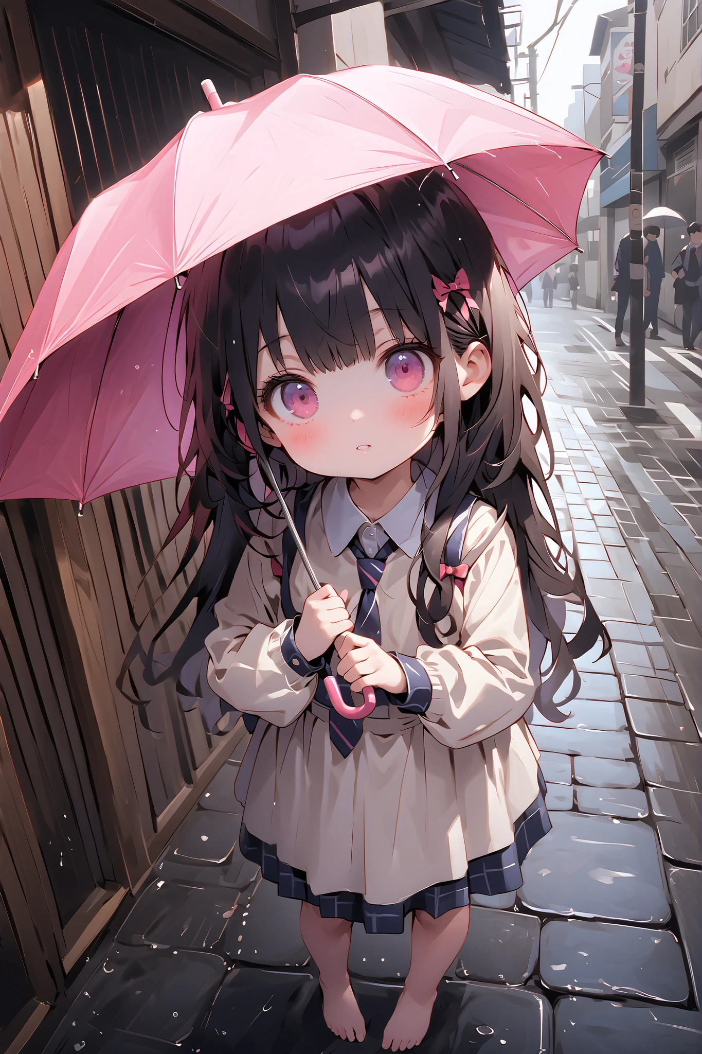 (One personの少女)、One person、Solo Photo、uniform、Barefoot、dark haired、long hair、stupid hair、ribbon on head、(Primary school student 1.2)、with a young face、(child)、Sleepy face、full body image、face up with ties、highlight face 、Hold an umbrella、Legs、、Outdoors、rain、Street