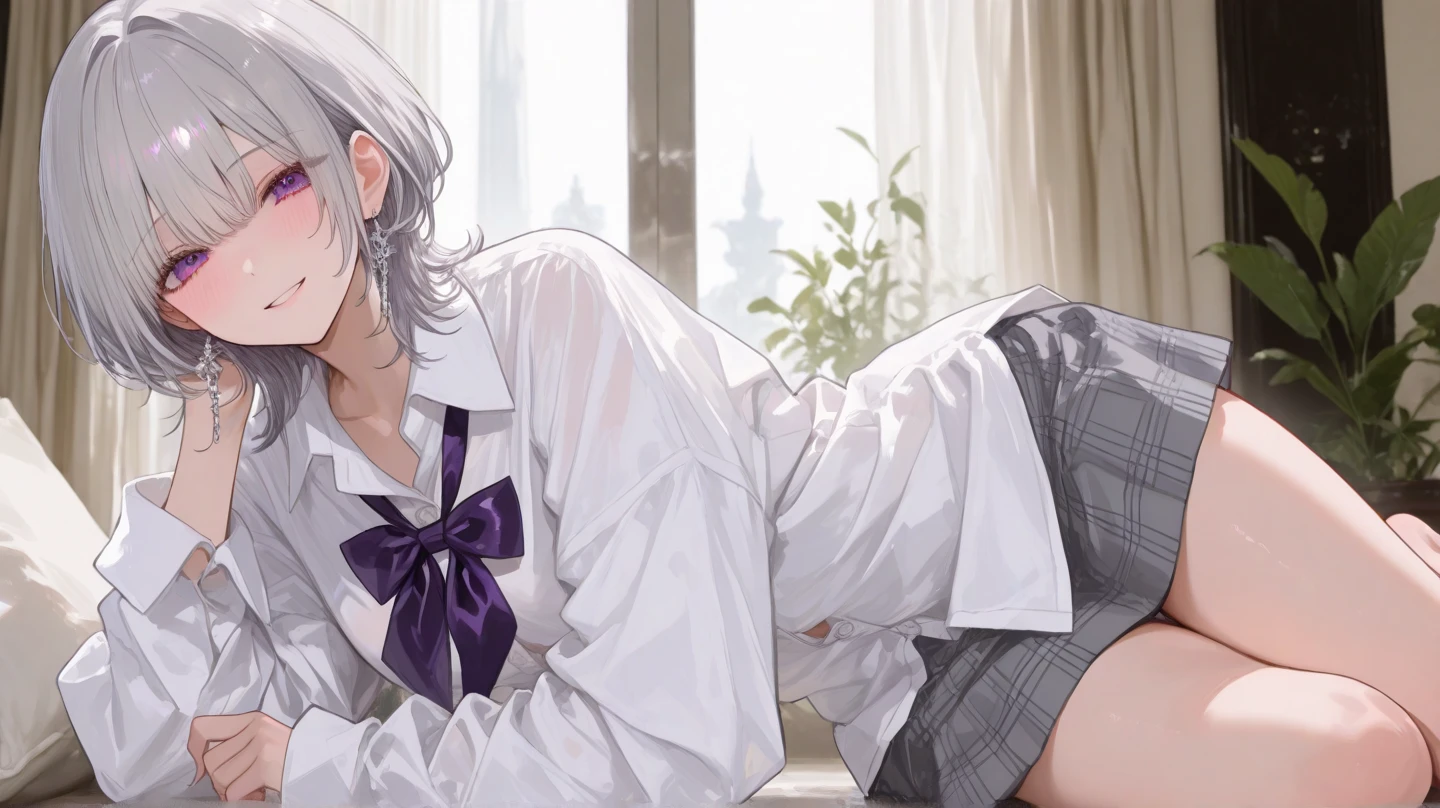 Highest quality, Soft Light, Ultra-high resolution,boy, alone, (Ecstatic face), (Purple eyes), Beautiful face in every detail,(High resolution detail of human skin texture), (White long hair), break,Dress shirt,tie,(Fellatio gestures:1.3), (Open your mouth:1.2),tongue,(Sweat:1.5),Sigh,Saliva dripping from the mouth,Spread your legs,My leg is being grabbed,Half-naked,Panties,Flat Chest,Swollen crotch