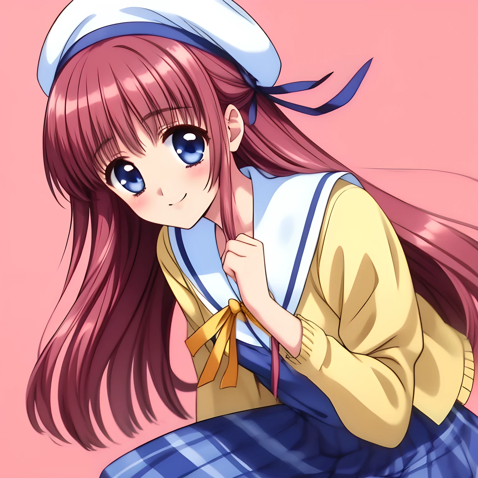(highest quality, masterpiece:1.2), highest quality, High resolution, 1080p, 8K, 20yo, (beautifully detailed Da Capo blue deep-plaid school uniform and deep-blue plaid skirt with detailed, yellow jacket), ((Lovely smile of Kotori Shirakawa, Solo)), nothing but lovely pink background, blue eyes, white hat, long hair, sweet beauty, organized very well for the viewer to love her