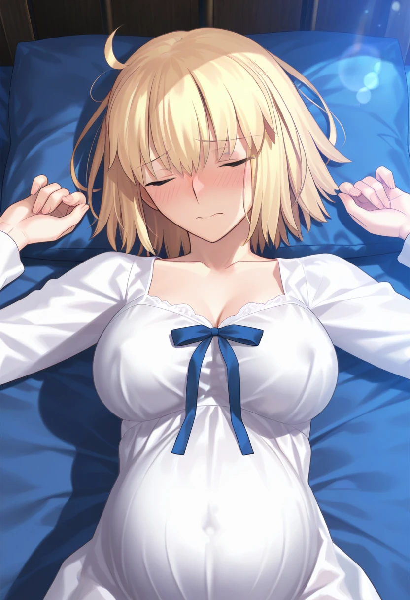 Best_quality, masterpiece, highres, detailed, detailed_background, ray_tracing_graphic, solo, adult_female, {saber_fatestaynightufotable:1.15}, blonde_hair, French_bread, little_ahoge, detailed_green_eyes, blue_ribbon, 1girl, anime_coloring, detailed_face, wife_face, five_fingers, blush, large_breasts, white_tanktop, trousers, from_the_top, lying, bed, dark_room, night_time, looking_at_viewer, oily_skin, detailed_skin, detailed_texture