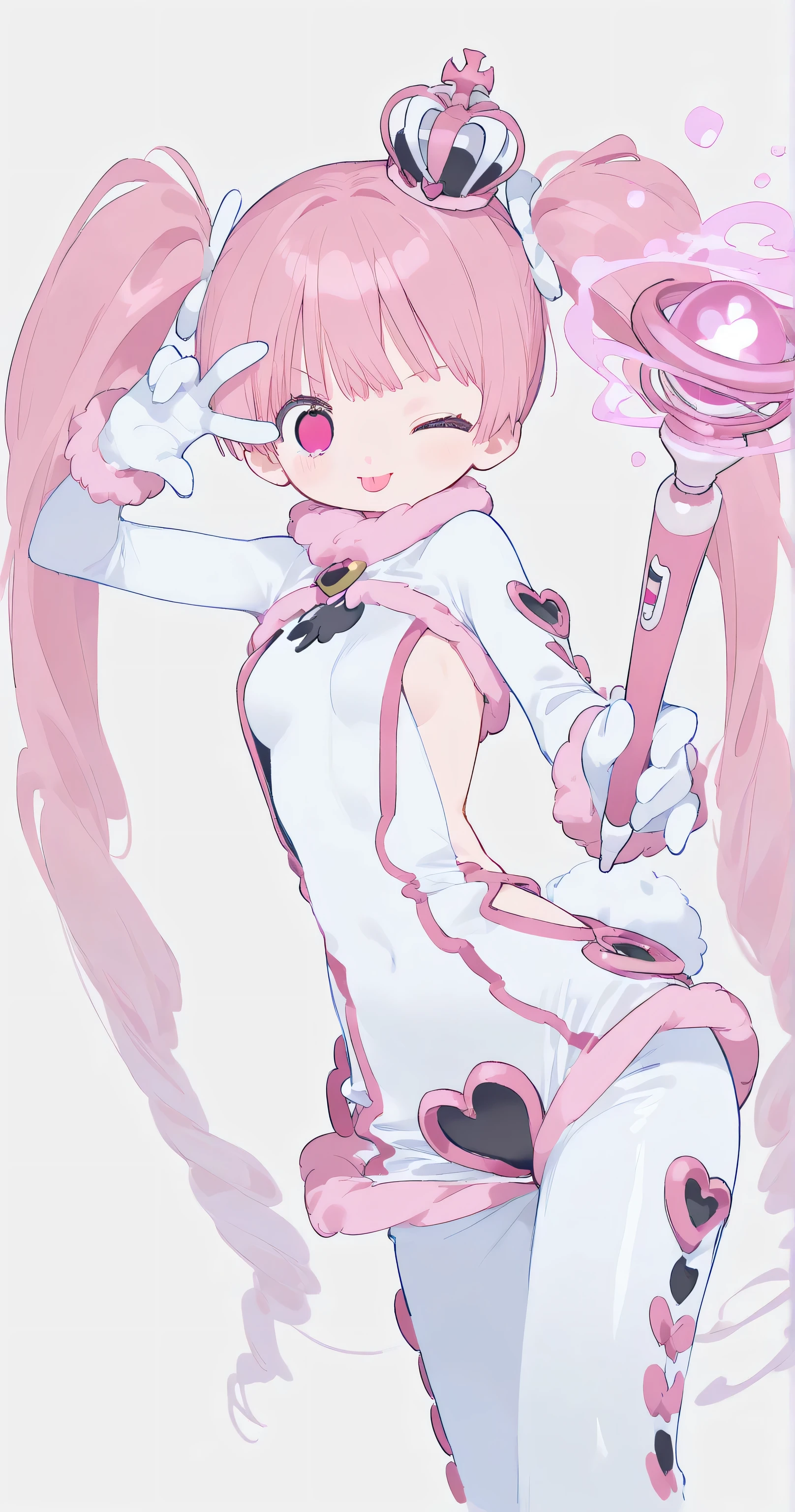 Sideless bodysuit, small breasts, pink and white, magic wand, a dynamic pose, wink, tongue, v over eye