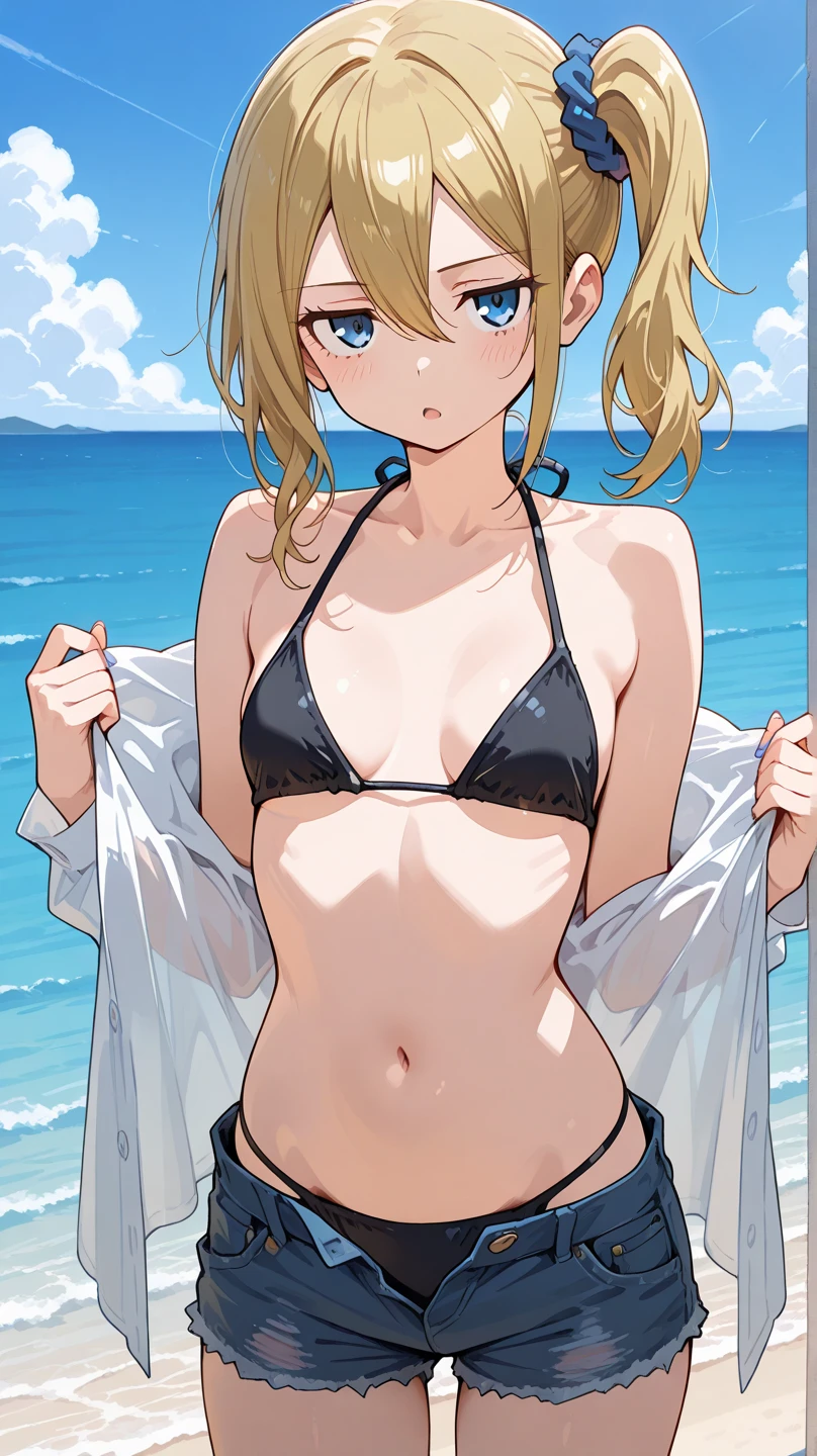 (Extremely detailed CG unified 8k wallpaper),(masterpiece), (Best quality), (Ultra Detailed), (Best Illustration),(The best shadow),White Mini Bikini,Standing by the sea,Taking off swimming trunks,Smile at me