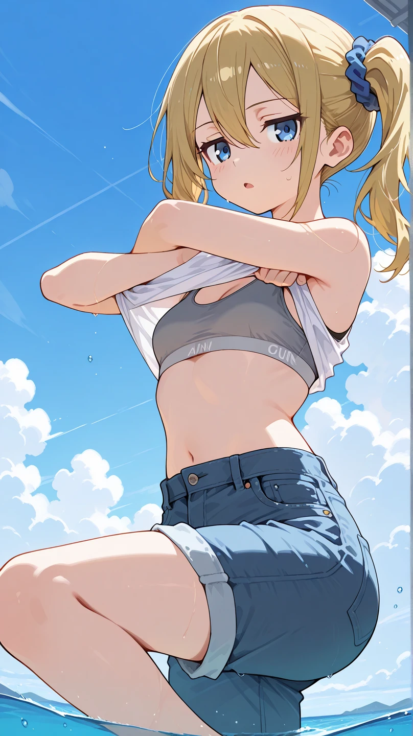 Japanese junior high and high school girl Athletics Club activities Outdoor Raise both arms wide Legs apart Running Beautiful girl Blonde Short hair Small breasts Slim Beautiful legs Skin is delicate and beautiful White tank top White underwear Underwear is see-through Very exposed skin The bottom of the chest is visible Navel exposed Whole body is wet with sweat Hair is wildly disheveled Shy expression Viewed from directly below Armpit hair is growing