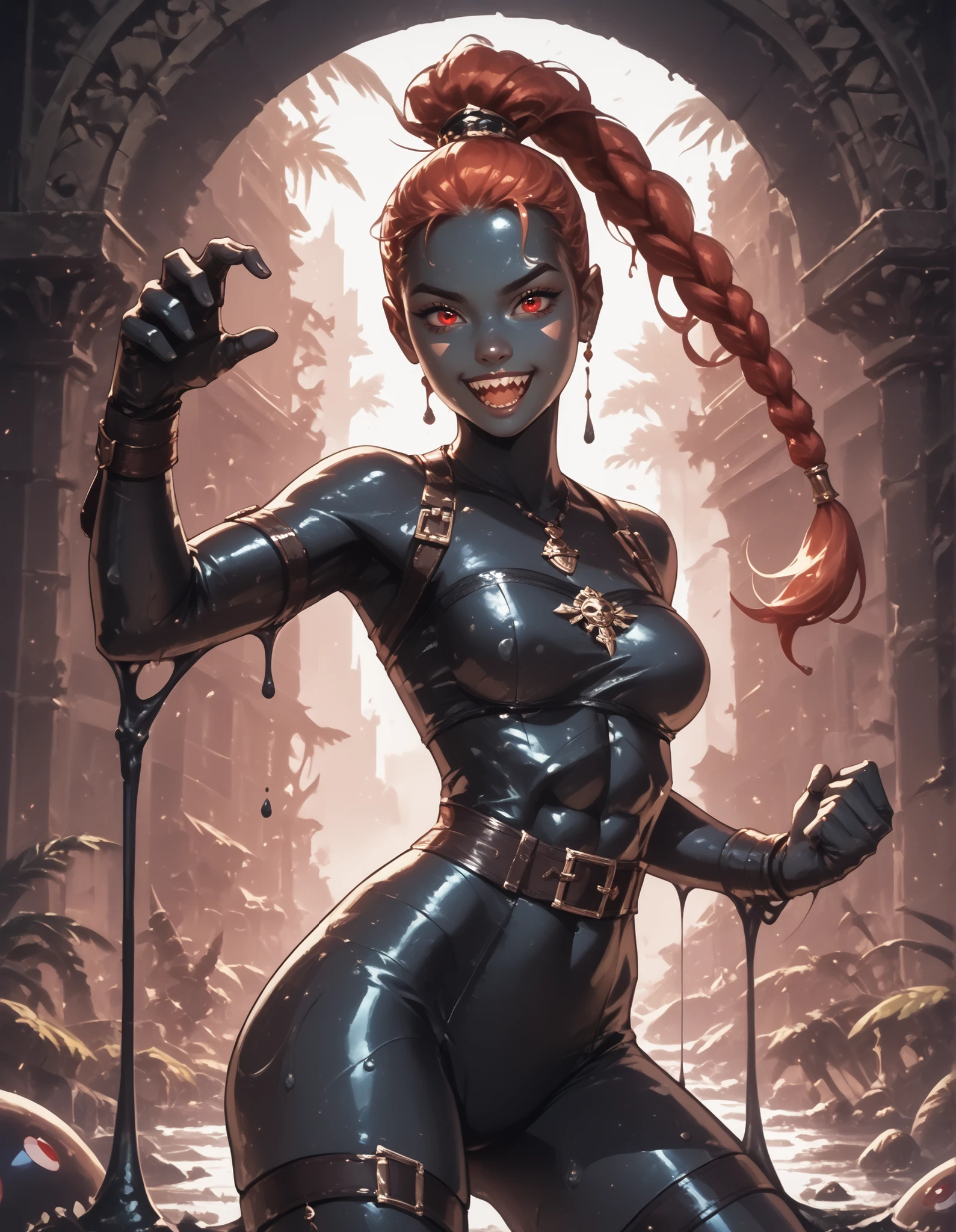 Slender female black slime-body. She has black slime-skin. Cute 18-year-old black aztec slimegirl assassin with big Asian red eyes and unnaturally sharp teeth. Black slime drips from her body. Sharp and pointy teeth. She has a cute and beautiful face. She has a round and young face with a pointy chin. Her black latex slime-body is athletic with abs. Dripping black slime. She wears an intricate assassin slime catsuit with hood. Background: medieval jungle ruins. Realistic lighting. DnD art-style. fake box art, semi-realistic, Looking at the viewer. ,masterpiece,best quality,amazing quality,cartoon,masterpiece, best quality, amazing quality, very aesthetic, absurdres, newest, (volumetric lighting, scenery), she wears short leather hotpants and a short leather bandeau.