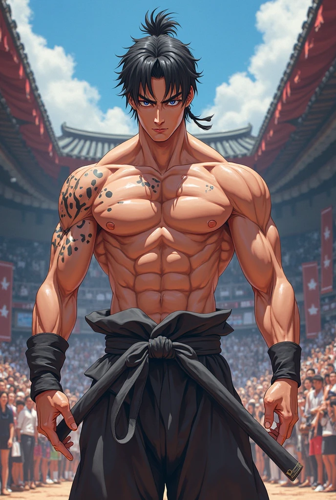 Close-up of a tough man with tattoos on his chest and arms,in a boxing gym,handsome boy in Demon Slayer art, anime male character, Detailed anime character art, Inspired by Itō Ogura Yonesuke, muscular character, anime character, Male anime style, anime style character, Inspired by Munakata Shikō, Full body of the character, Danganronpa digital art,high quality,Very detailed,short hair,dark eyes,defiant look,chains,shirtless,clock,bracelets,detailed tattoos all over the body,