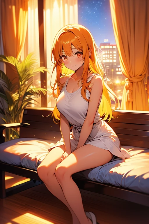 masutepiece、Best Quality、Illustration、 ultra-detailliert、hight resolution、8K Wallpapers、Perfect dynamic composition,、Beautiful detailed eyes、pajamas、(orange color camisole:1.3)、(Orange pajama shorts:1.3)、(Raw feet:1.3)、Medium Hair、(Beautiful Large Breasts:1.3)、Natural Color Lip、Bold sexy poses、Smile、Harajuku、20 years girl、Cute、Beautiful sister、Sexy shot looking at camera、60th floor of a tower apartment、Luxurious bedroom、You can see the night view from the window、nighttime scene、Sit with your legs open in the middle of a large plush bed