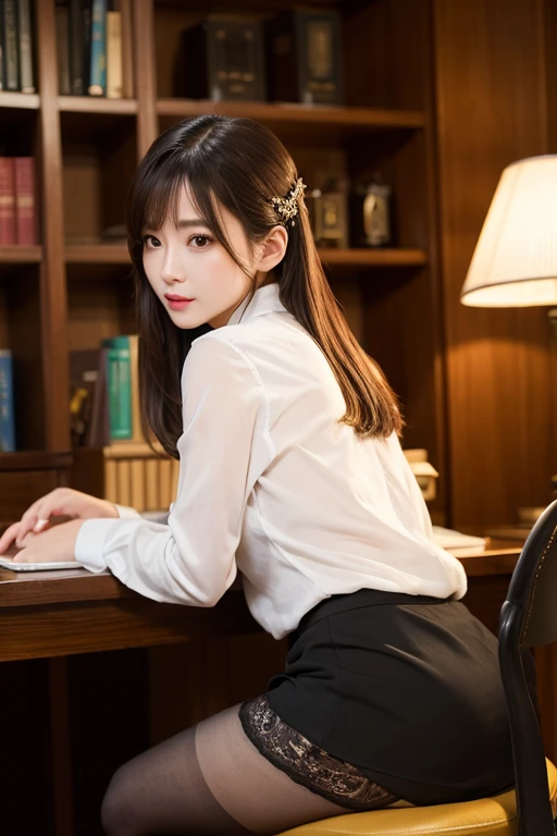 A 23-year-old woman wearing a bold miniskirt in a luxurious room, Rear view, Bold poses,Office Suits, Black stockings, garterbelts, Braless and white blouse, choker necklace, ssmile,Young Pretty Gravure Idol, Young Gravure Idol, Young Sensual Gravure Idol, Young skinny gravure idol, sophisticated gravure idol, masutepiece, Best Quality, exceptionally detailed RAW color photo, professional-grade photograph