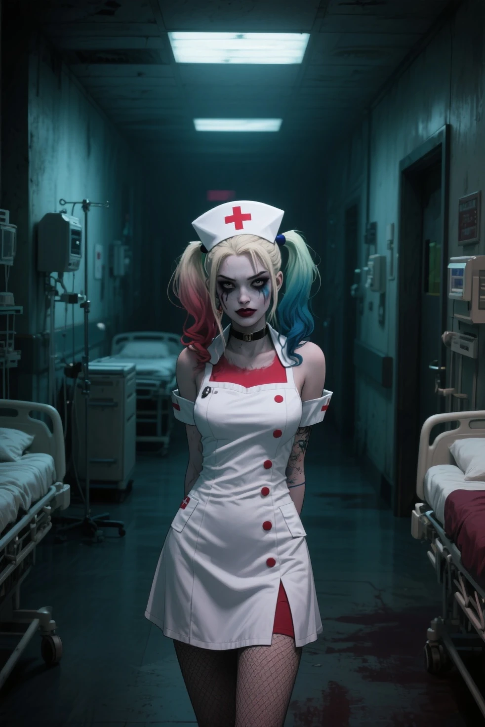 "Personagem da Arlequina do filme Zombie clasic Nurse Suicide Squad" (roupa enfermeira classica de branco em um hospital muito sangue no local lugar repleto de sangue)