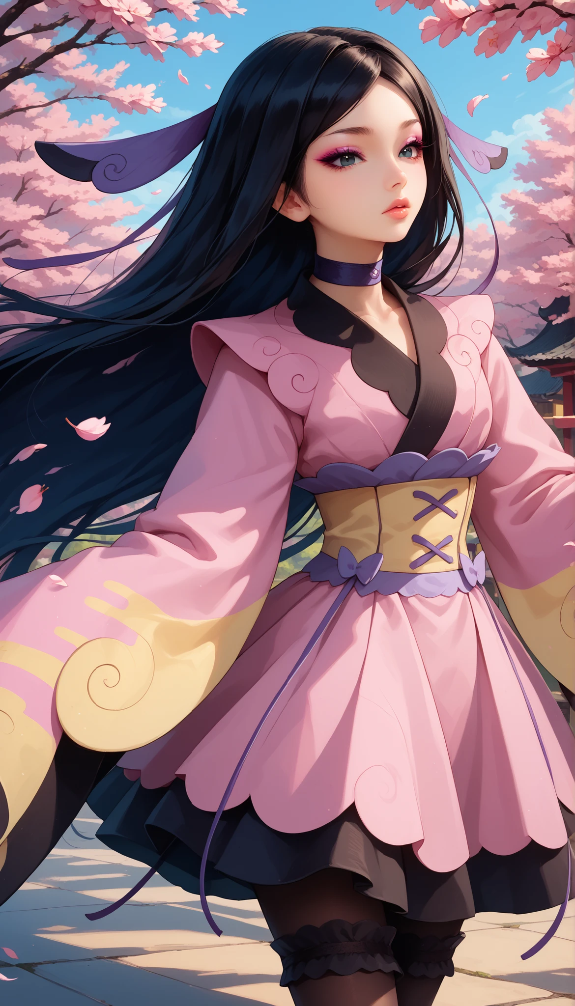 zzValerie, long hair, black hair, hair blowing in wind, big black eyes, highly detailed face, glossy detailed lips, parted bangs, eyeshadow, hair ornament, black pantyhose, choker, dress, furisode, highly detailed clothing, japanese clothes, kimono, long flowing sleeves that completely cover hands and fingers, sleeves draping naturally to obscure hands, stood, dynamic angle, dynamic background, traditional Japanese garden, Japanese festival, cherry blossom trees blowing in wind, stunning 8k quality, masterpiece, vivid colors,
