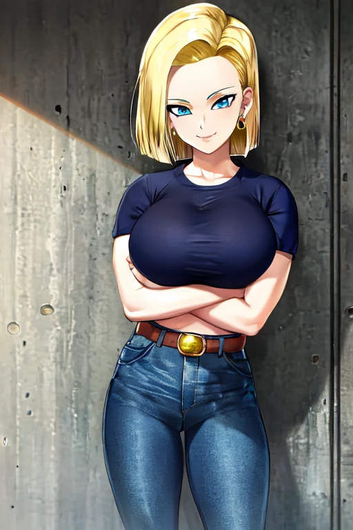 highest quality, High resolution, And 18, One girl, Android 18, alone, Blonde Hair, blue eyes, belt, Blue denim bodycon micro skirt, Gold Necklace, short hair, (Topless:1.5), (tits:1.5), (Big Breasts:1.5), Earrings, Cowboy Shot, forest, Straight, (weather: the wind is strong), Combat Stance, full length pantyhose, Ruins of the battle, Wide Hips, A shy smile,