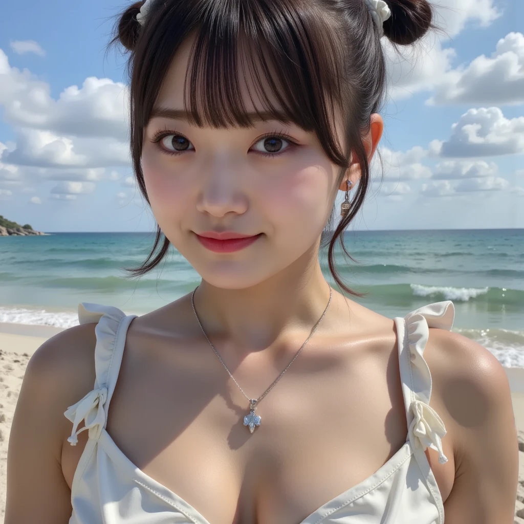 girl, White skin, ((Dark brown short tiered hair)), V cut with layers and bangs, Brown eyes, Soft atmosphere characteristics (Highest quality, Ultra-high resolution, 8K, RAW Photos, Ultra-high resolution: 1.2, masterpiece: 1.3), (Realistic, Realistic: 1.37), Very detailed, Professional Lighting, Photon Mapping, Radio City, Physically Based Rendering, One Girl, （high school girl）, Sharp focus:1.2、Beautiful woman:1.4,cute, Nice, Adorable, smile, Normal chest, necklace、(Cleavage）、Earrings、Belly button、Pink and black gothic lolita style、Swimwear、Ocean岸、Ocean、ゴスロリ風のSwimwear、Selfie