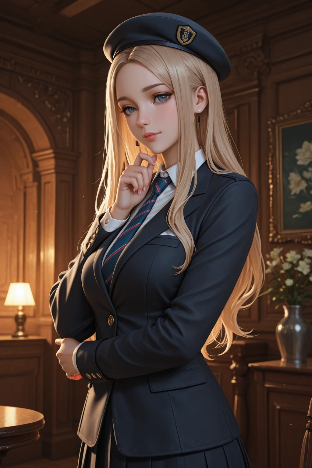 a beautiful woman in a formal business suit, professional attire, full body portrait, detailed facial features, elegant hairstyle, serious expression, high quality, photorealistic, 8k, studio lighting, detailed textures, realistic skin, clear focus, well-composed, cinematic lighting, warm color tones