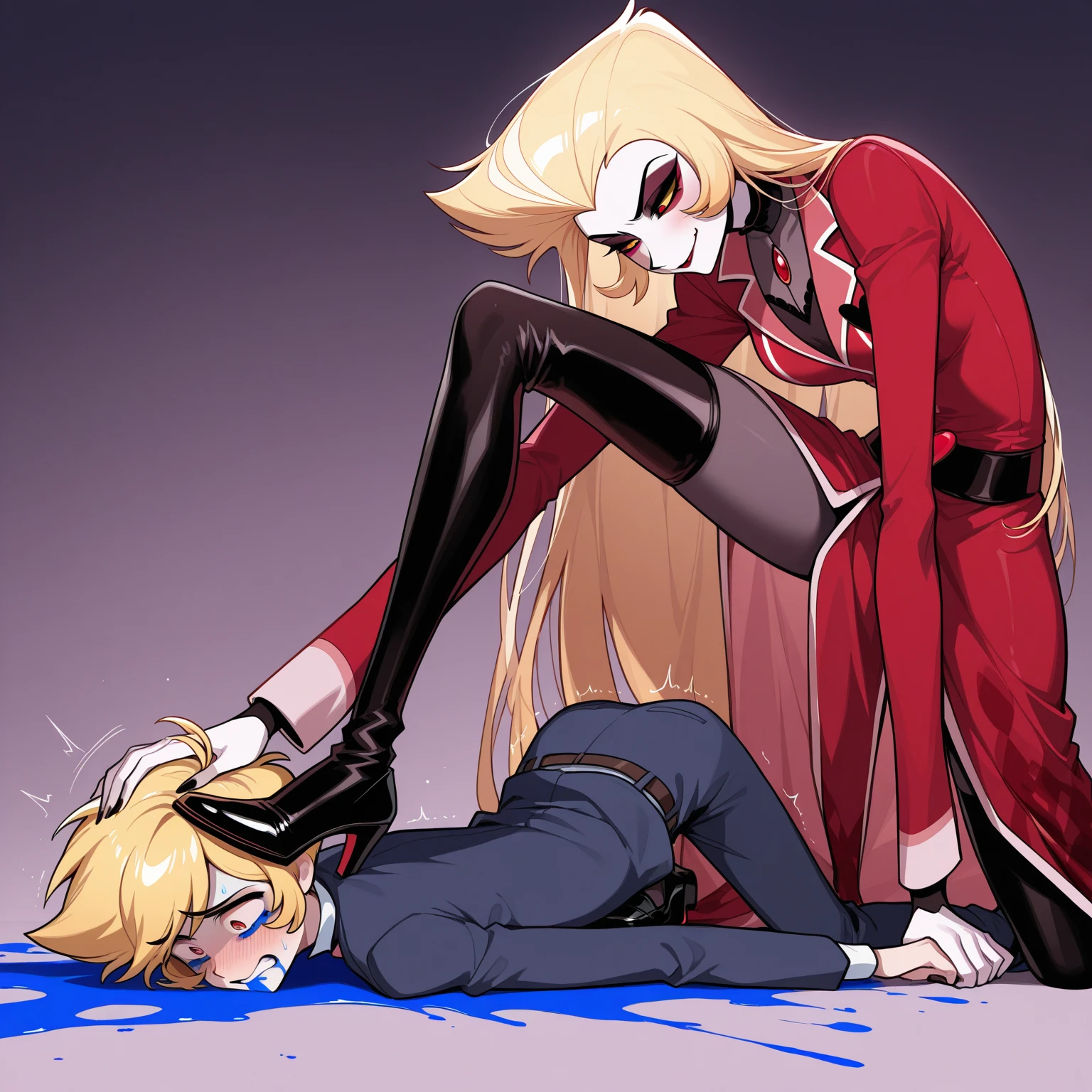 extremely detailed CG,unity 8k wallpaper,beautiful detailed eyes,perfect anatomy,novel illustration,high resolution,ultra-detailed,masterpiece,super detailed skin,score_9, score_8_up, score_7_up, source_anime,height difference,1boy is faceless male, 1 littlegirl, beta,glasses on her face,spoken heart,elf,silver heir, short heir,blush,{{abs}},gleaming skin,blond hair, full body Shot, zofa belt, chest jewel, forehead mark, black gloves, black boots,zofa bodysuit,latex mask,kissing his face,ahegao, {{bald faceless male}},hetero,reverse upright straddle,face to face ,intercourse with a man,vaginal penis,excessive cum,bedroom