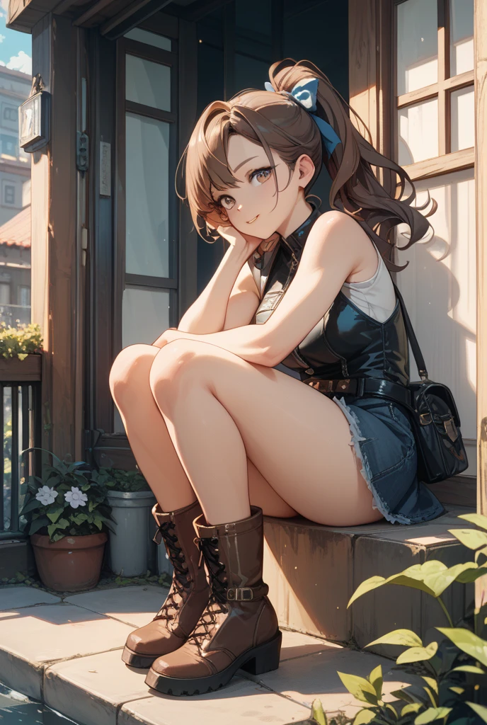 masterpiece, best quality, kozukata yuuri, shirt, short shorts, thigh strap, socks, boots, crouching, indoors, haunted house, abandoned house, chiaroscuro shading <lora:kozukatayuuri-nvwls-v1-000010:0.9>