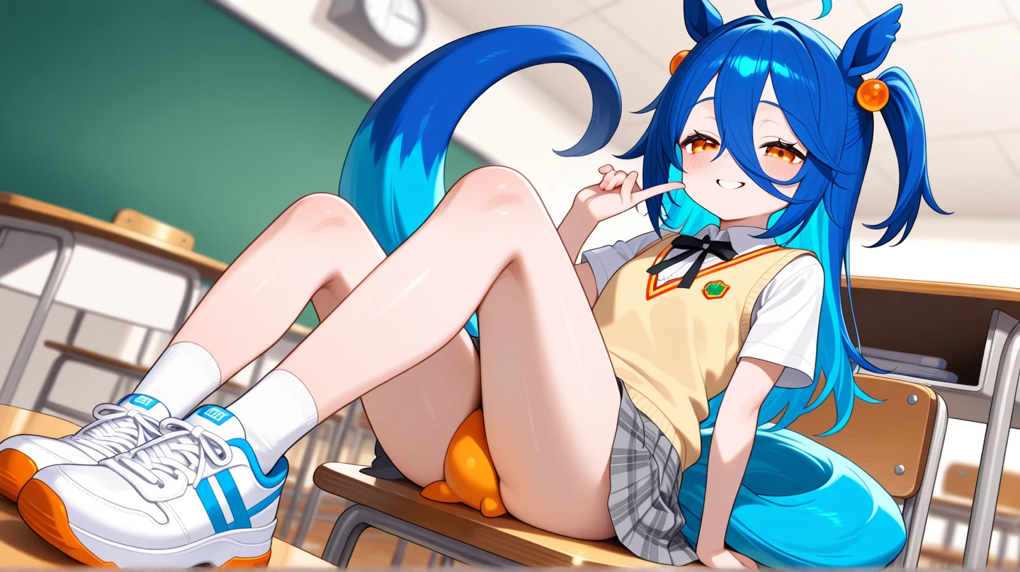 A high school girl with blue hair and golden eyes、legs open、A transparent cock is inserted into her pussy and anal hole, and she squirts while it is moving.