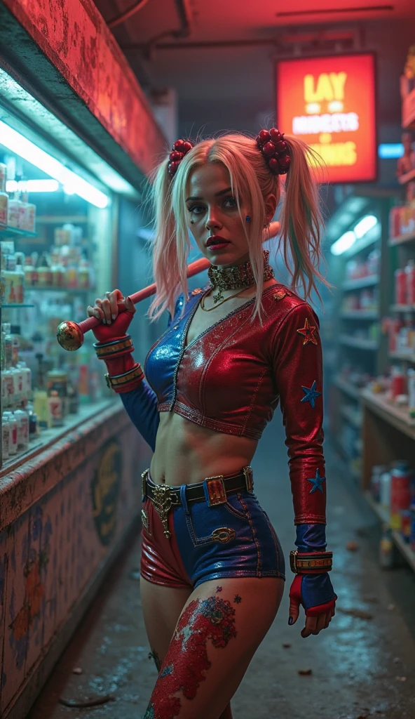 Harley Quinn wreaks havoc on the Midnight Convenience Store with a baseball bat, has fun, and depicts a vibrant world where whimsy and theatricality blend, inspired by harlequin patterns and dramatic lighting., Mysterious