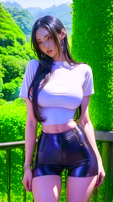 foto de corpo inteiro,cat ears on the head of a beautiful young woman wearing a short skirt and a ninja mask on her face, usando meias preta longas e sueterpreto apertado ,corpo inteiro na foto,floresta a noite varias luzes,belas coxas, coxas lindas belhos olhos escuros detalhados, sueter branco apertado,maio apertado , tight pantyhose, mini saia , ceu limpo a noite com estrelas numa floresta a noite,short curto linda jovem, olhos sedutores feminino.CABELO CURTO PRETO((CABELOS CURTO PRETO))
