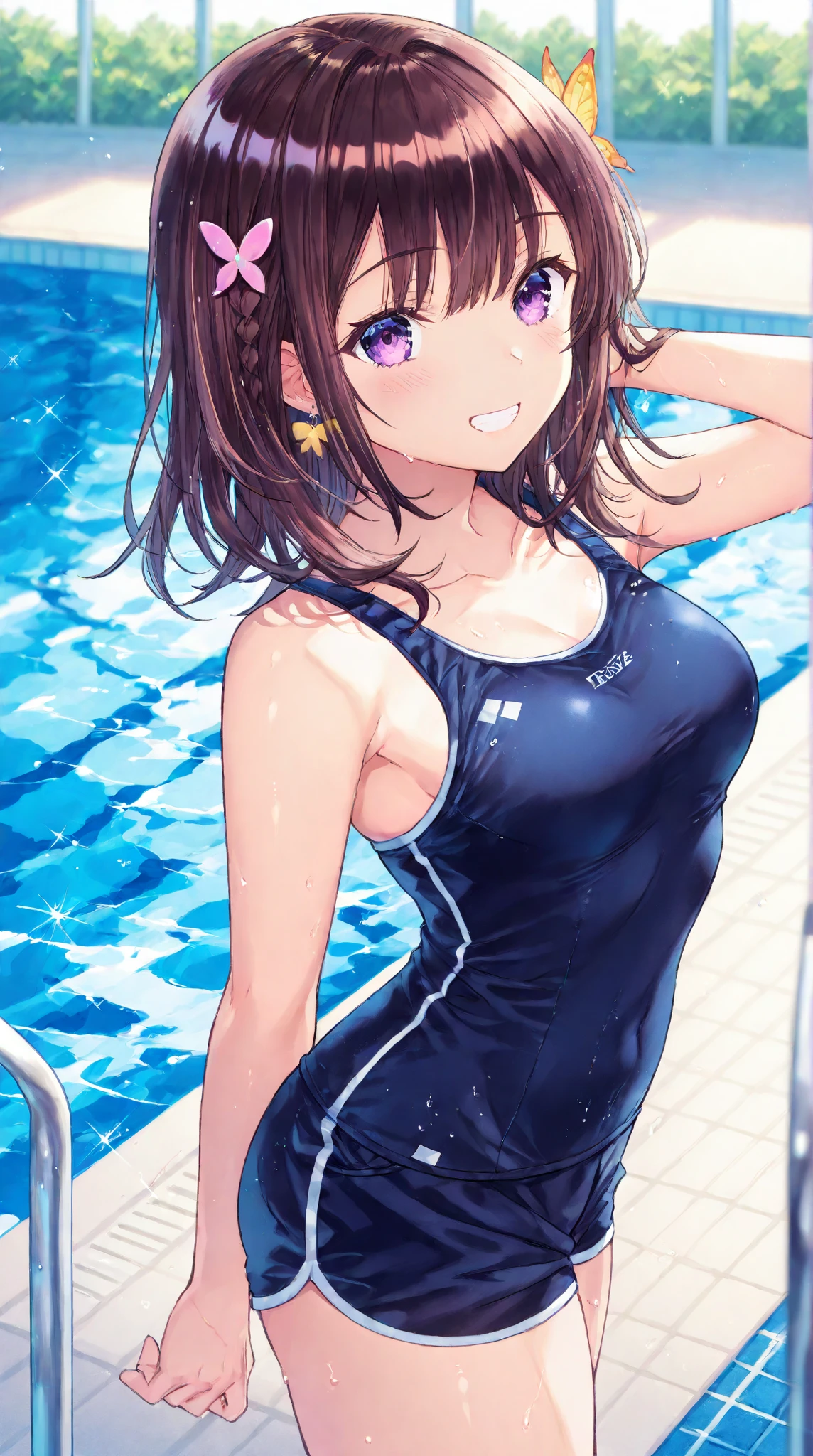 (masterpiece、Highest quality、In 8K、High resolution:1.2)、alone、One Girl、 Fumika Sagisawa、Feeling embarrassed、Look at the viewers、whole body、Transparent competitive swimsuit、Transparent racing swimsuit、Glossy body、Wet body、Daytime、Poolside、Low - Angle