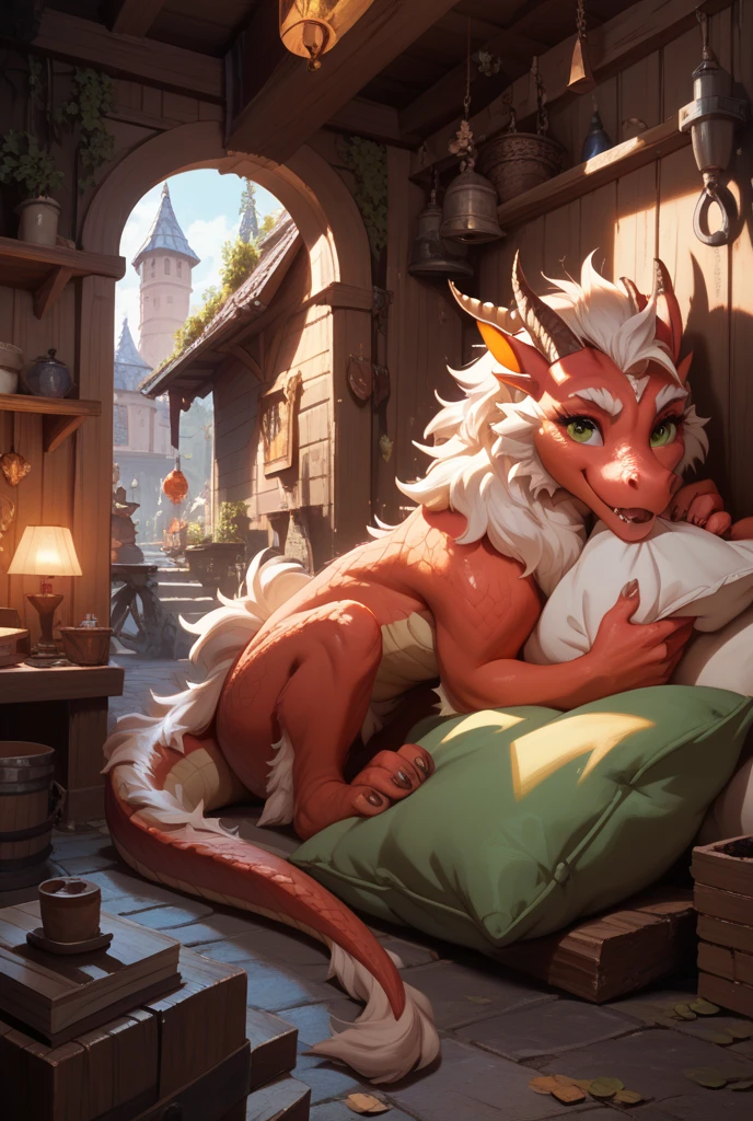 ultra-detailed, masterpiece, masterwork, high quality, best quality, hdr, posted on e621, (by darkgem, by zaahrich), (nature, morning, waking up, light leak, bed), nsfw, (male), solo, chibi, (red little body minotaur), dragon, (long golden hair, closed eyes, sleeping, white chubby body), sitting, from below, dynamic angle, (nude, balls, micropenis, long foreskin, erectpenis)