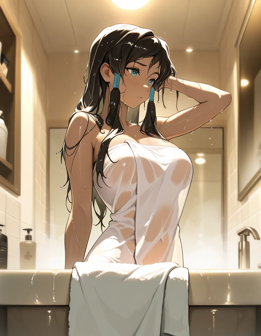 (beautiful brunette woman with long straight wet black hair, wrapped in a black towel), (seductively posing in a daring manner, in the bath, taking a leisurely soak), (water drops cascading down her body and splashing onto the bath floor), (back displayed with droplets of water sparkling on her skin), (full-length view),
(surrounded by an elegantly decorated bathroom adorned with intricate baroque style drawings of curls on the wall), (candles lit, casting a warm and inviting glow on the scene),
(detailed close-up of her face, revealing her expressive features, enhanced by