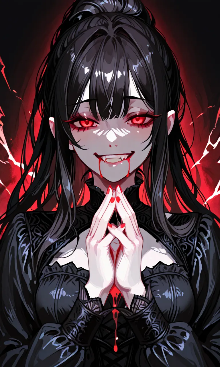 masterpiece, zoom out, score_9, score_8_up, score_7_up, portrait, 1 girl, alone, black hair, long hair, long parted bangs, white eyes, black sclera, (blood tears, small smile), evil, parted lips, expressionless, big breasts, upper body, V-neck strap basic dress, black bottom, best quality, long split bangs.