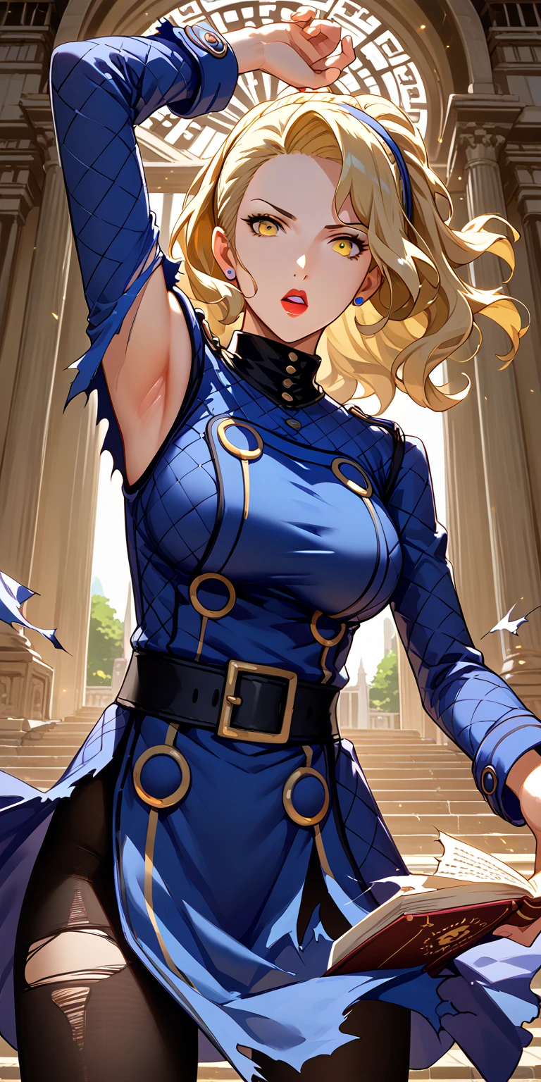 Giorno Giovanna, solo, green eyes, blonde hair, 1boy, braid, male focus, clothing cutout, cleavage cutout, pectorals, blue suit, cowboy shot