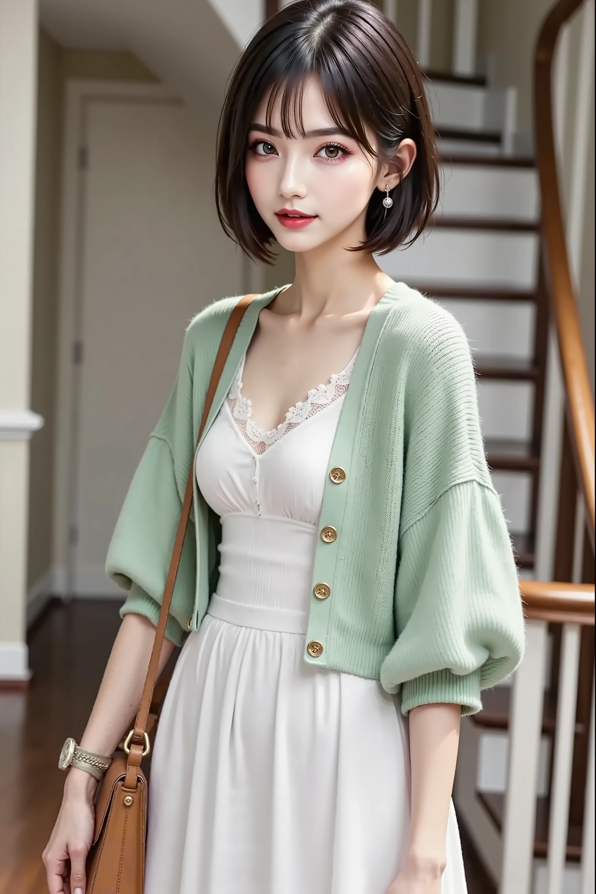 ((Full Body 1.5)),white shirring dress,(( cardigan: knit 、volume sleeve 、Puff Sleeves))、Light Green , (white lace camisole:gray、Wear it under a dress), small brown handbag to wear under a dress,(( beige sandals)), Short Hair, working on a computer with slender eyes, Foxy face, In front of the stairs