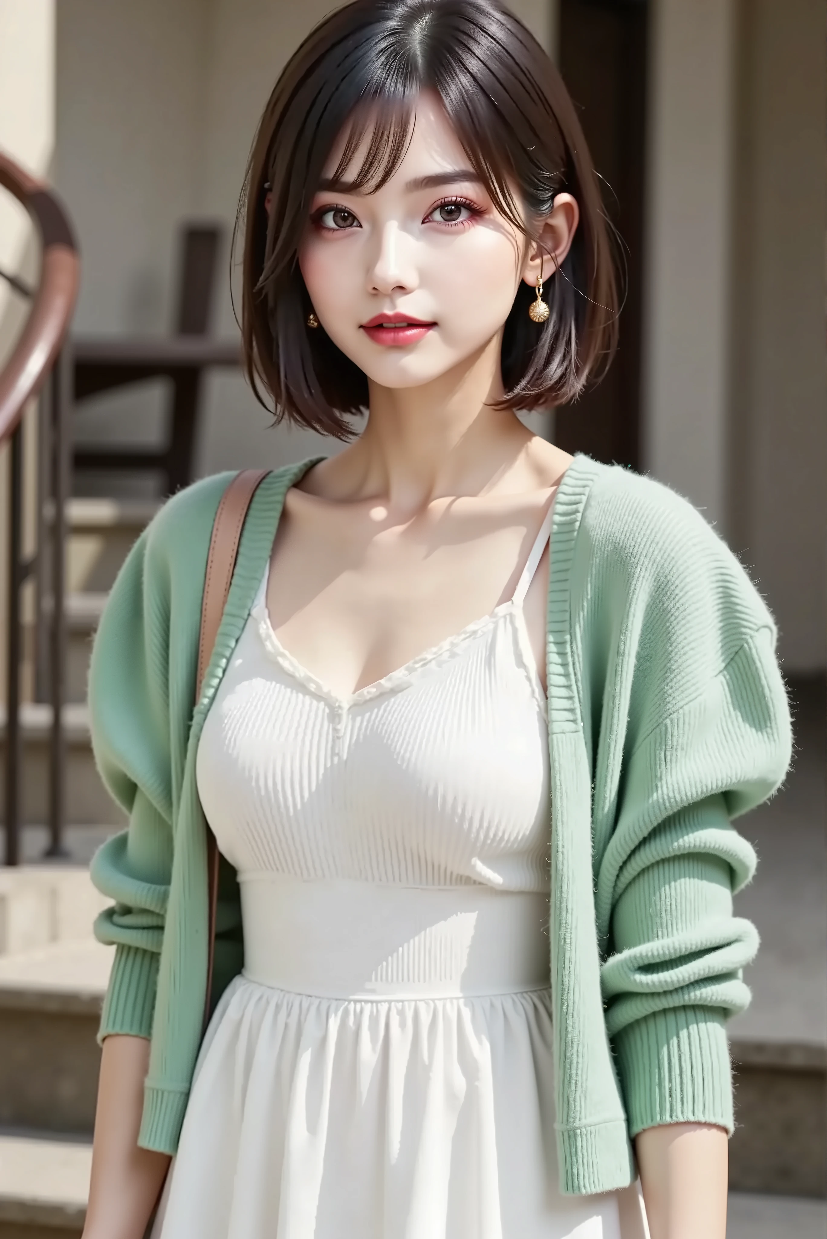 white shirring cami dress, cardigan: knit 、volume sleeve 、Puff Sleeves、Light Green , small handbag, In front of the stairs