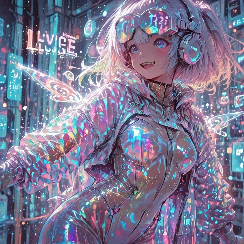 1girl,solo ,open arms, smile, bludh, laugh, ultra wide shot, vibrant color texture on background,blue water tornade, colorful geometric shapes background,,,, glow, shine, global illumination, indirect lighting, bokeh, depth of field, blurry background, blurry foreground,  glow particles, backlit, halation, under light, glow outline,,,,,,futuristic VR headset,large visor goggles,futuristic headphones, reflective sunglasses,holographic effects, glass texture, transparent materials,high-tech accessories,,,,,,,translucent iridescent bodysuit ,reflects soft rainbow hues, prismatic, Holographic, chromatic aberration, PVC vinyl, ,,,,iridescent,pvc vinyl,masterpiece, best quality, ultra detailed, 