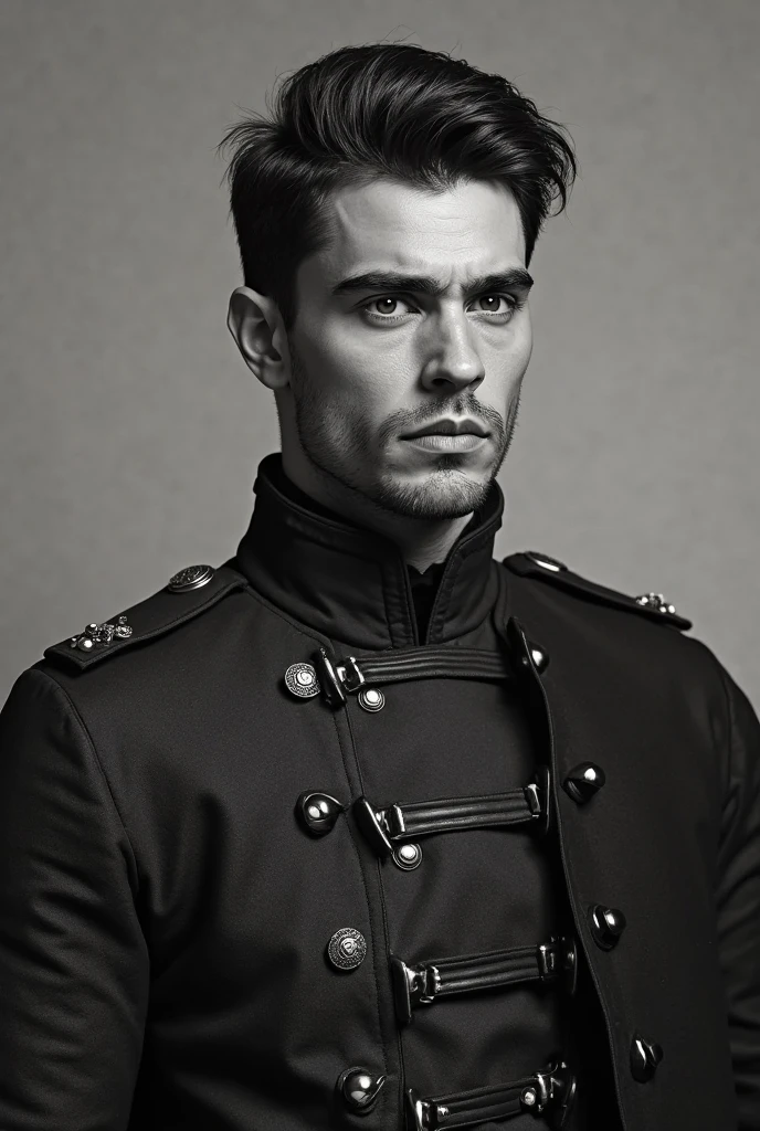 a group of officers, Serious and stern, with high cheekbones and a straight nose. His dark eyes are intense and filled with the weight of his duties. A neatly trimmed goatee complements his black, wavy hair tied back, and he wears a bicorne hat that signifies his rank.
Uniform: Pristine with gold embroidery and a sash that denotes his high command status.