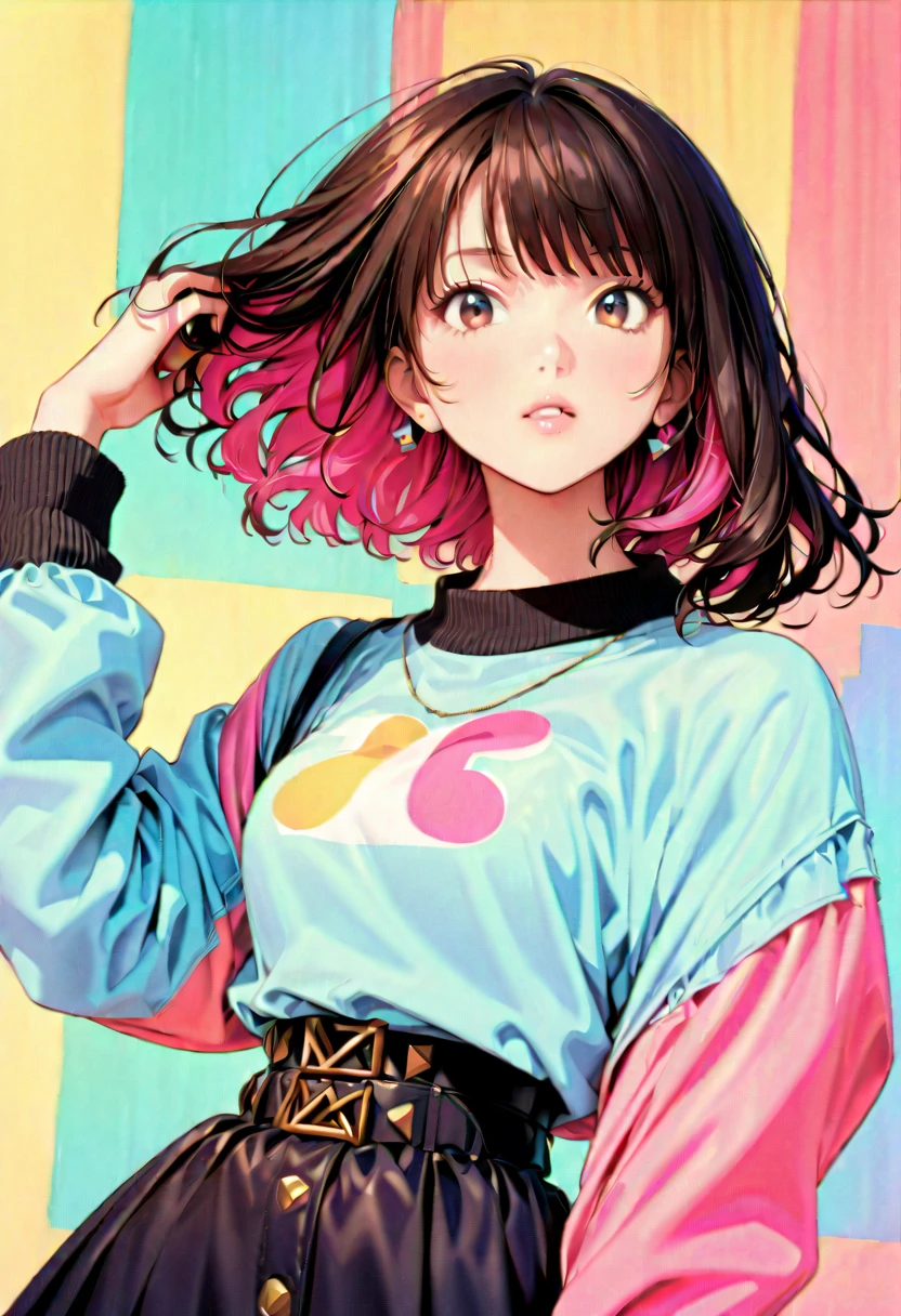 1girl, same girl in many mutliple poses, pink ponytail, messy hair, curly