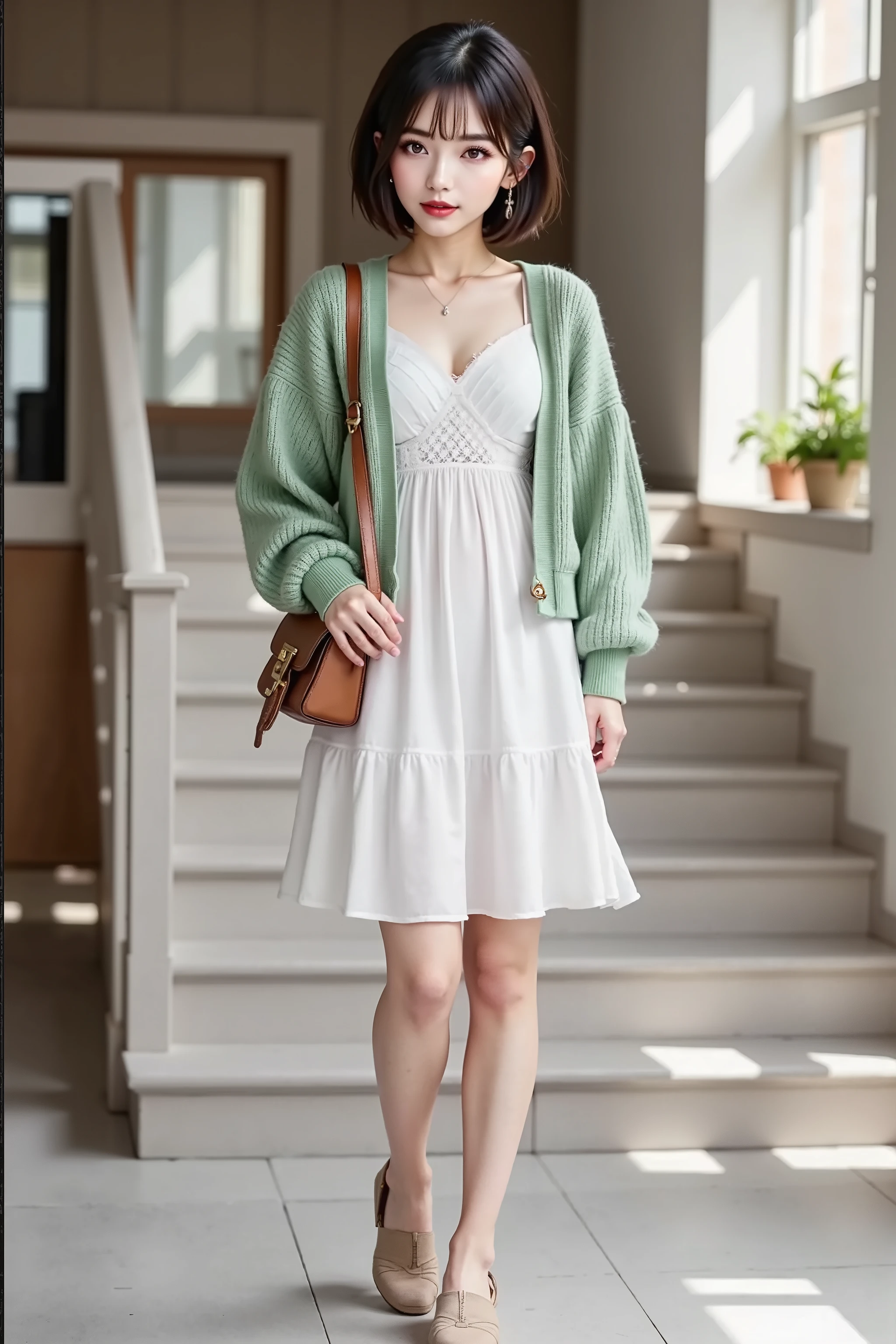 ((Full Body 2.0)), ((frame up to the foot)), white shirring dress,(( cardigan: knit 、volume sleeve 、Puff Sleeves))、Light Green ,( (wear a white lace camisole under a dress)),  small brown handbag to wear under a dress,(( beige sandals 2.0)), Short Hair, working on a computer with slender eyes, Foxy face, In front of the stairs