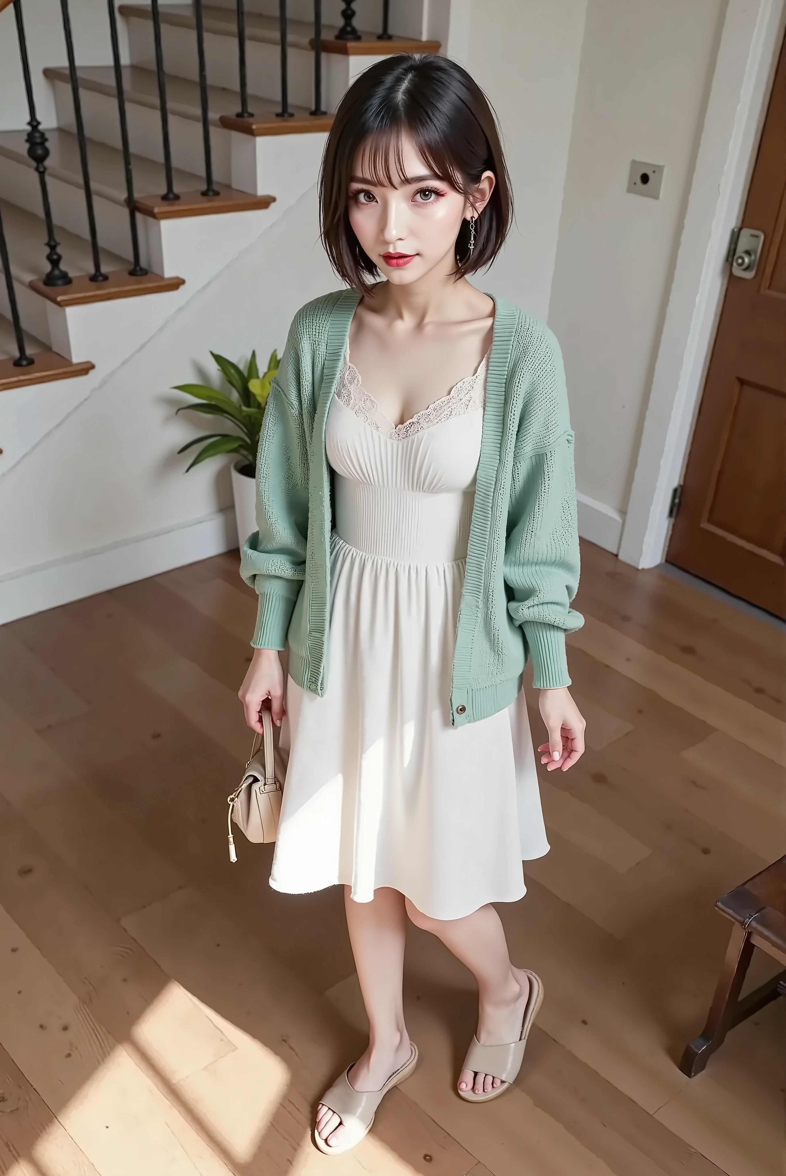 ((Full Body 1.5)),white shirring dress,(( cardigan: knit 、volume sleeve 、Puff Sleeves))、Light Green ,( (white lace camisole:Wear it under a dress)), small brown handbag to wear under a dress,(( beige sandals)), Short Hair, working on a computer with slender eyes, Foxy face, In front of the stairs