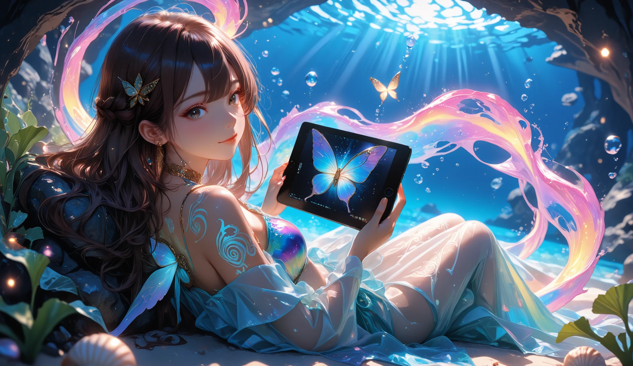 Masterpiece, detailed image, vivid colors, 4k, cinematic photography, dynamic angle, perfect human anatomy, an androgynous marine-themed mascot, dark brown or tan skin, shining with pearly hues, her hair flows like seaweed, in shades of dark blue, floating gracefully around her head, she body is a mix of elegant and ethereal sea creature — half human half seahorse, full body, holding a digital tablet, surrounded by holographic sketches forming small glowing figures, on her shoulder rests a white butterfly with delicate circuit patterns on its wings, her eyes glow softly like bioluminescent corals, and her clothes are inspired by the ocean — iridescent fabrics, flowing layers, details like shells, seaweed and star patterns, in her hair a golden butterfly as a hair clip in a braid, gold details in her eyes and across her body like tribal tattoos, the atmosphere around her is magical and welcoming, with floating lights and sea mist — like an underwater dream, her presence conveys a sense of inclusion, tranquility and intimacy power, her style mixes fantasy and futuristic minimalism, expressive, serene and iconic.
