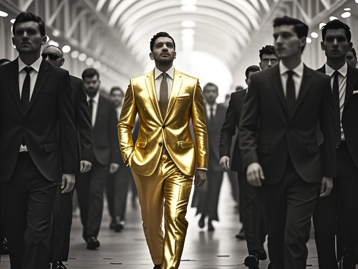 An entrepreneur in a yellow suit is fighting surrounded by zombies