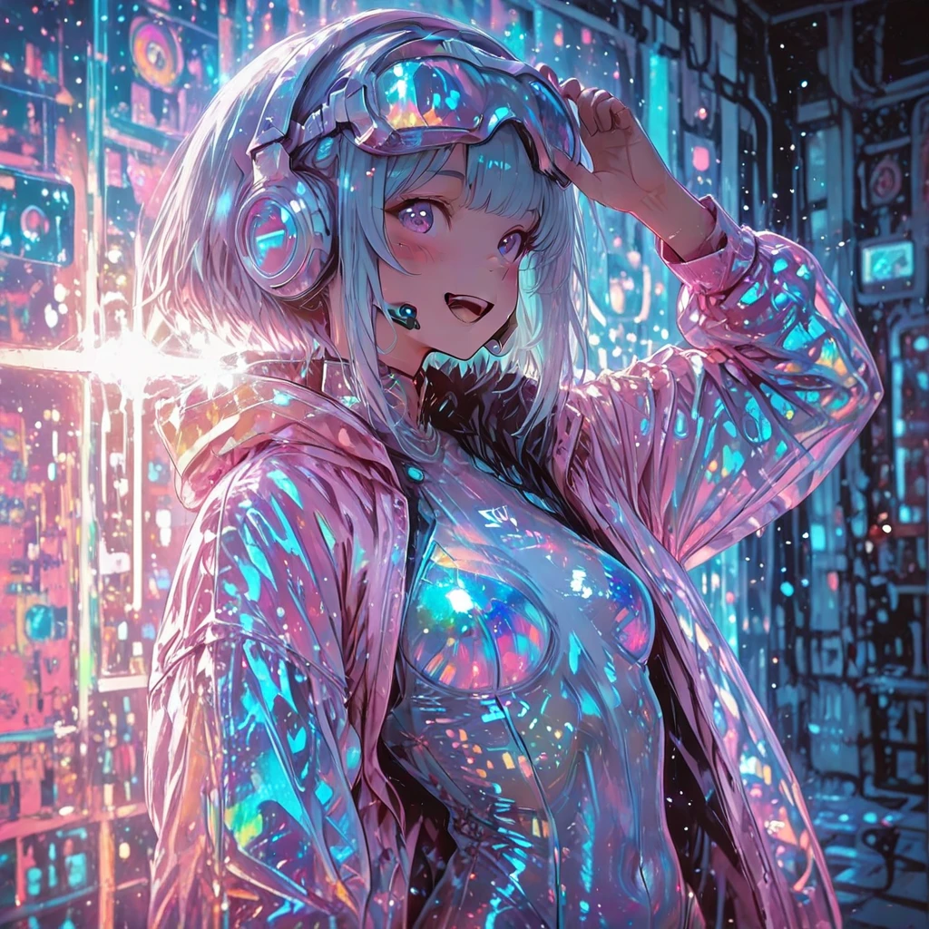 1girl,solo ,open arms, smile, blush, laugh, ultra wide shot, vibrant color texture on background,blue water tornade, colorful geometric shapes background,,,, glow, shine, global illumination, indirect lighting, bokeh, depth of field, blurry background, blurry foreground,  glow particles, backlit, halation, under light, glow outline,,,,,,futuristic VR headset,large visor goggles,futuristic headphones, reflective sunglasses,holographic effects, glass texture, transparent materials,high-tech accessories,,,,,,,translucent iridescent bodysuit ,reflects soft rainbow hues, prismatic, Holographic, chromatic aberration, PVC vinyl, ,,,,iridescent,pvc vinyl,masterpiece, best quality, 