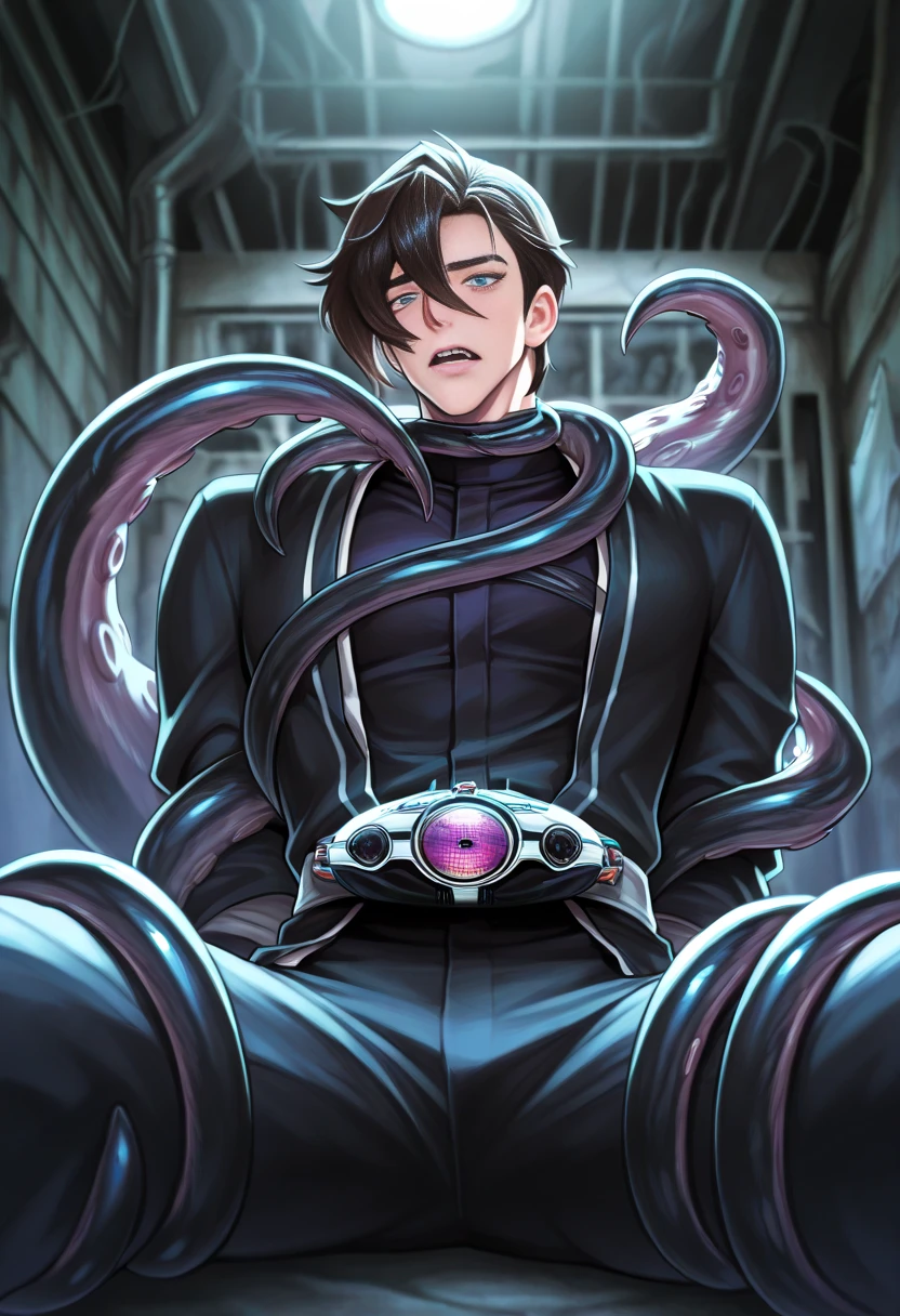 best quality, HDR, Extremely detailed face, (detailed (boy hair, boy face, boy cloth)), young man, (wearing black glasses), (black hair), (short hair), (black eyes), (full body), (boy bodysuit), (tentacle clothes), tentacles, tentacle sex, kneeling, (panic:1.2), (tear:1.2), (open mouth), <lora:tentacle_clothes:1>, (hands on clothes), (in classroom)