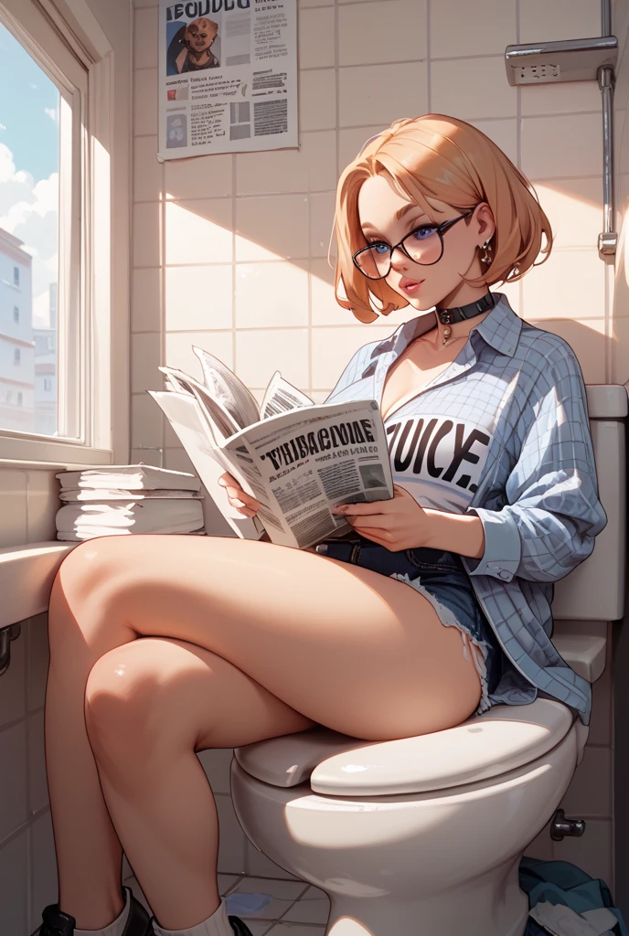 (best quality, highres:1.2), 1 woman, intricately detailed, sitting on toilet, holding book with aged magazine pages, inspired by Derek Gores, controversial poster art, magazine collage, centerfold image, a contemporary masterpiece!!!, reflecting David LaChapelle's inspiration, in a bathroom setting, promotional art, inspired by Richard Hamilton's technique, intricate magazine cutouts, album cover design. A thought-provoking blend of modern art and nostalgia--s2.
A stunning woman, engrossed in a book, delicately seats herself on the aged, porcelain toilet, her slender legs curled beneath her. Her expressive