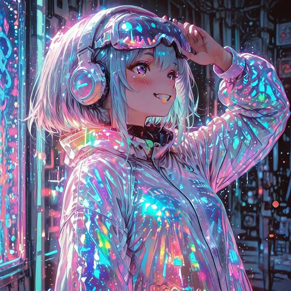1girl,solo ,open arms, smile, blush, laugh, ultra wide shot, vibrant color texture on background,blue water tornade, colorful geometric shapes background,glitter abstract rainbow,,, glow, shine, global illumination, indirect lighting, bokeh, depth of field, blurry background, blurry foreground,  glow particles, backlit, halation, under light, glow outline,,,,,,futuristic VR headset,large visor goggles,futuristic headphones, reflective sunglasses,holographic effects, glass texture, transparent materials,high-tech accessories,,,,,,,translucent iridescent bodysuit ,reflects soft rainbow hues, prismatic, Holographic, chromatic aberration, PVC vinyl, ,,,,iridescent,pvc vinyl,masterpiece, best quality, 