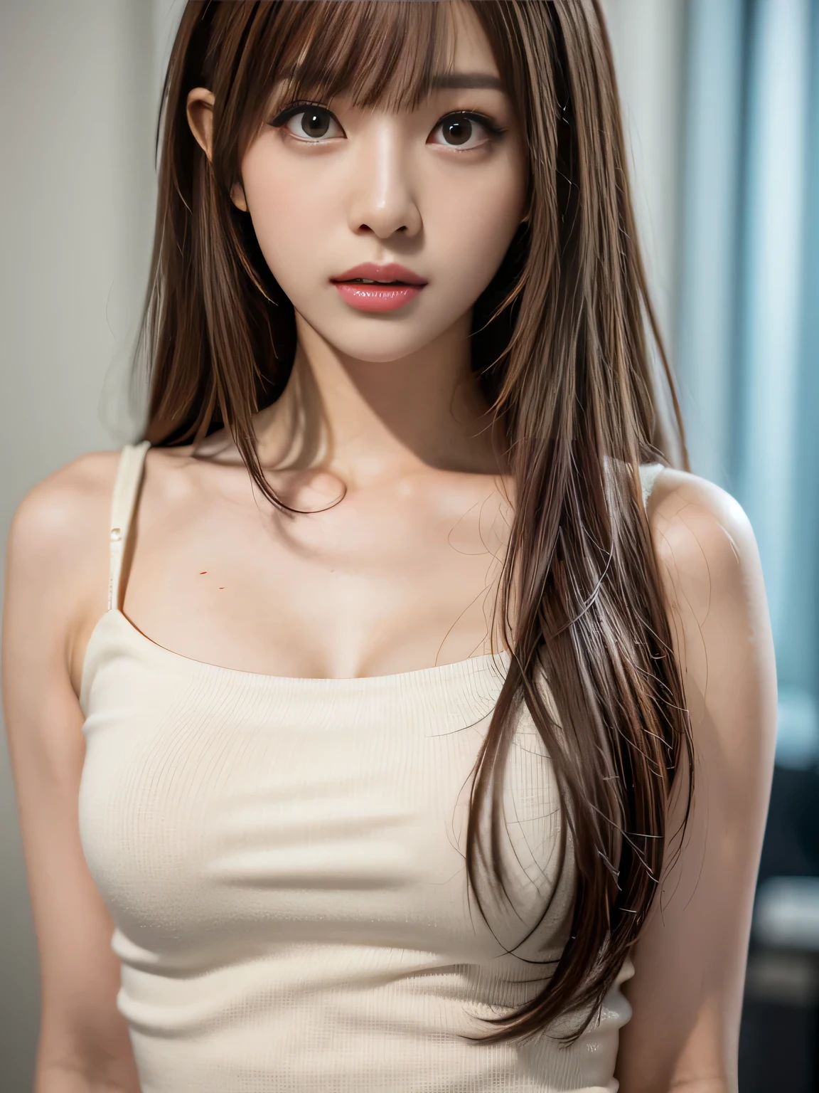 (NSFW)、(masterpiece、Highest quality:1.4)、 (8K resolution、Ultra-high resolution:1.2)、Detailed depiction face、Eye for detailed depiction、Detailed skin、Detailed hair、Glowing Skin、One girl,Detail and beauty that cannot be captured in reality:1.3、 Elegant and perfect figure、18-year-old、Beautiful Bangs、Highly detailed hair、Bright photography lighting,White wall background,Background Blur,Photo from the front of the woman、Facing forward、upright,Put your hands down,(whole body:1.5),,,,, (break mini tank top:1.2)
