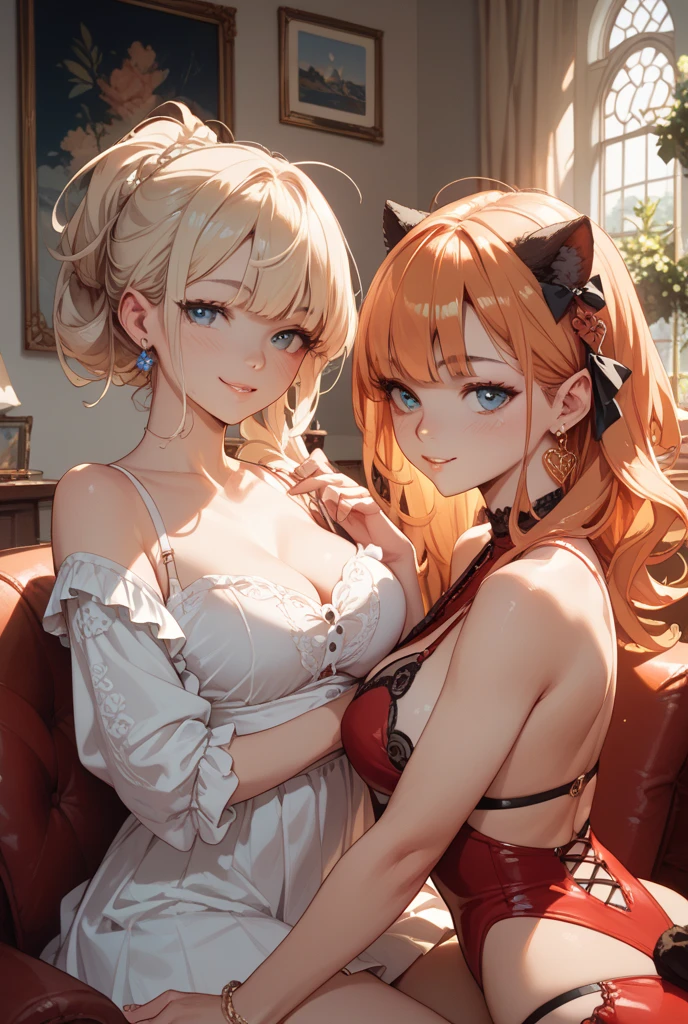 Girl standing by a table fingering her sisters pussy , fit, blond long thick wild hair , smiling , blushing , small snow leopard ears , red eyes , suductive smile , freckles,  sexy pose , wearing a skimpy dress with her pussy out